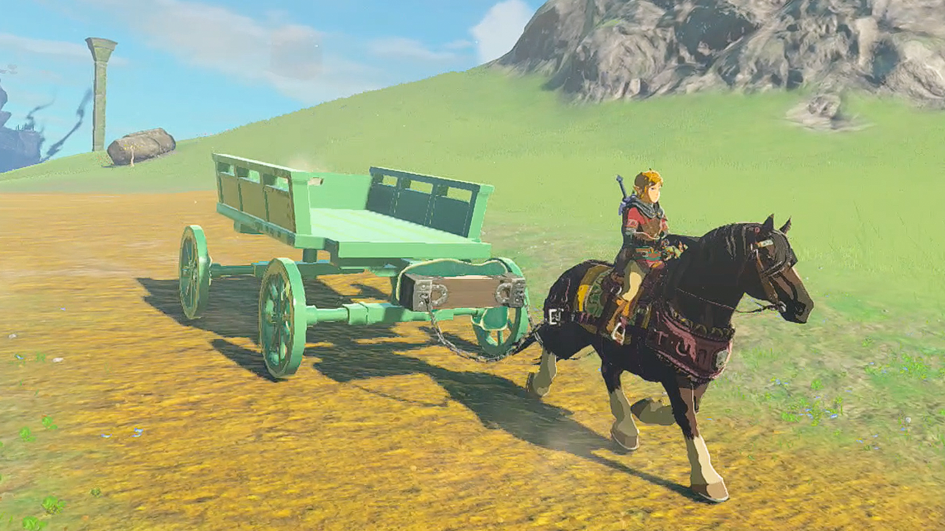 The Legend of Zelda: Tears of the Kingdom Link riding a horse wearing the Towing Harness. The horse is pulling a wagon made with Autobuild.