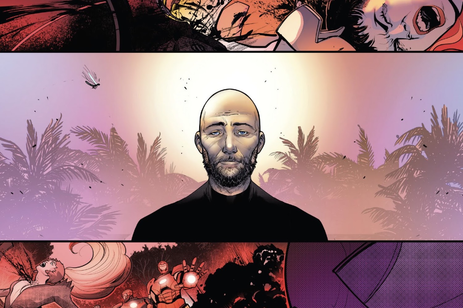 Charles Xavier has a dead-eyed stare, a patchy beard and a black, high-necked black shirt in Immortal X-Men #14 (2023). 