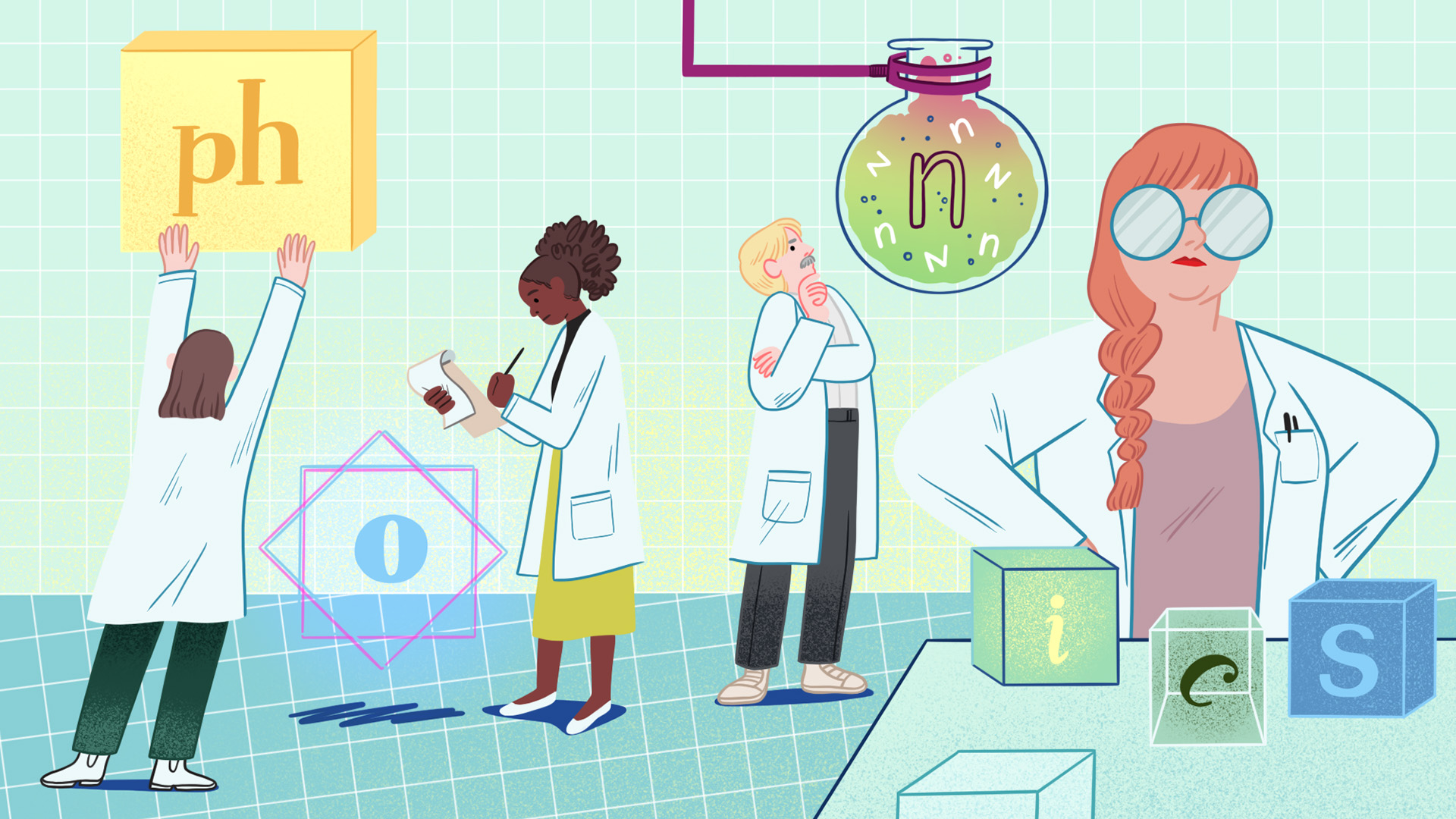 Four scientists in lab coats are observing various shapes and beakers, taking notes, and running tests. The shapes have letters on them, which collectively spell out the word “phonics.”