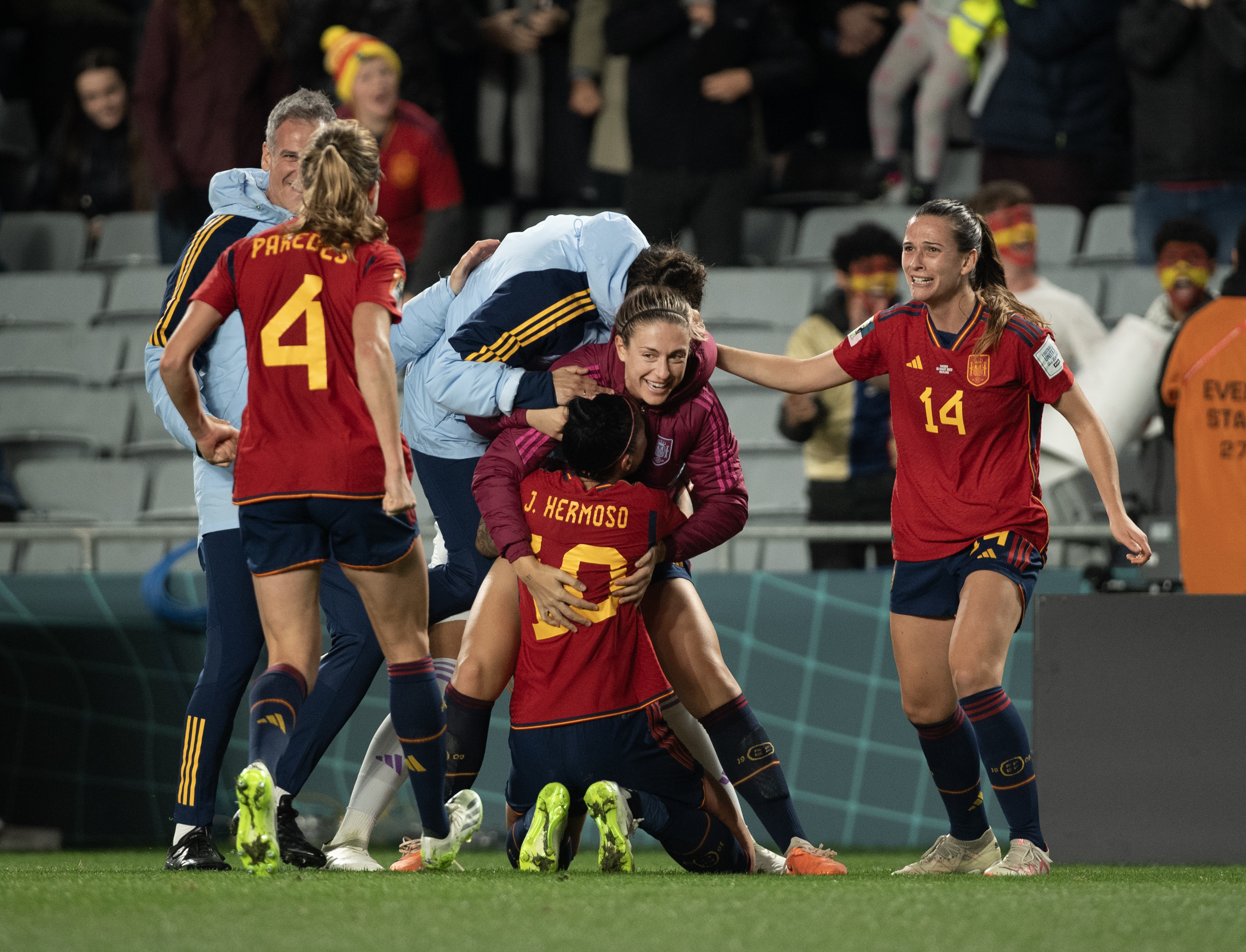 Jennifer Hermoso of Spain celebrates with team mates Alexia Putellas, Laia Codina and Irene Paredes after her team’s second goal during the FIFA Women’s World Cup Australia &amp; New Zealand 2023 Semi Final match between Spain and Sweden at Eden Park on August 15, 2023 in Auckland, New Zealand.