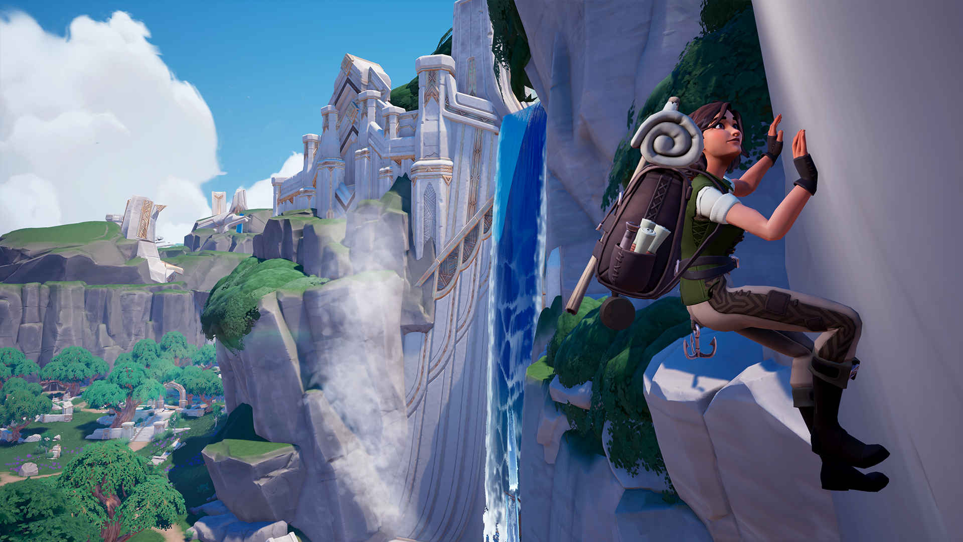 A human player in Palia, wearing the cash shop explorer gear, sclaes a sheer cliffface. In the background is a rushing waterfalls and white and gold ruins.