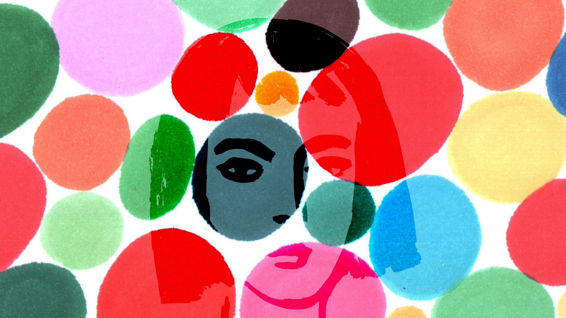 An image is filled with colorful round shapes made with marker. A woman’s facial features appear on several of the shapes in different colors.