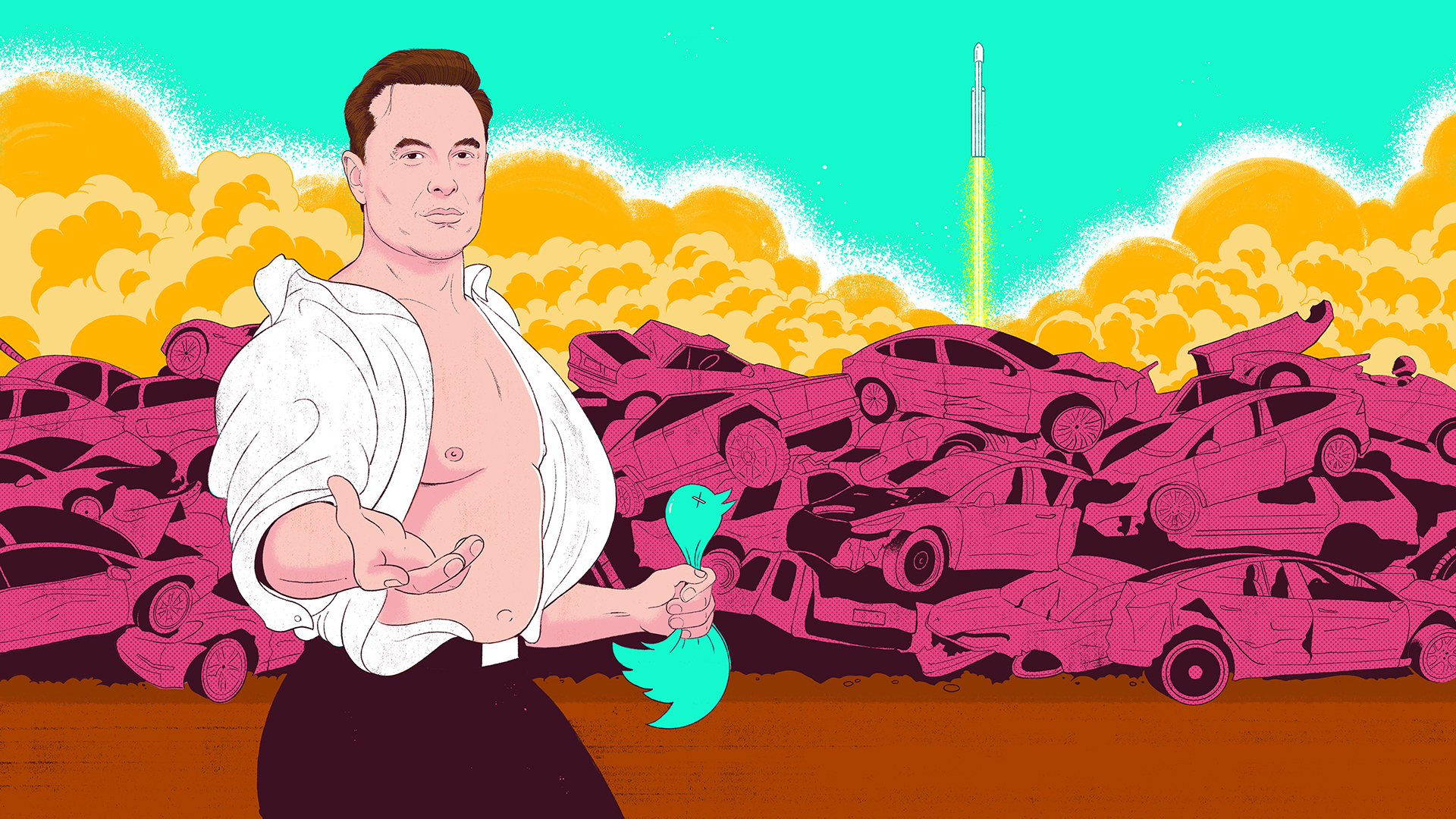 Elon Musk is standing with his shirt open and arm outstretched, all in a style referencing a romance novel cover. He’s squeezing a bird that looks like the twitter logo in his other hand. There’s a huge pile of crashed Teslas, a cloud of smoke and a rocket launching in the background.