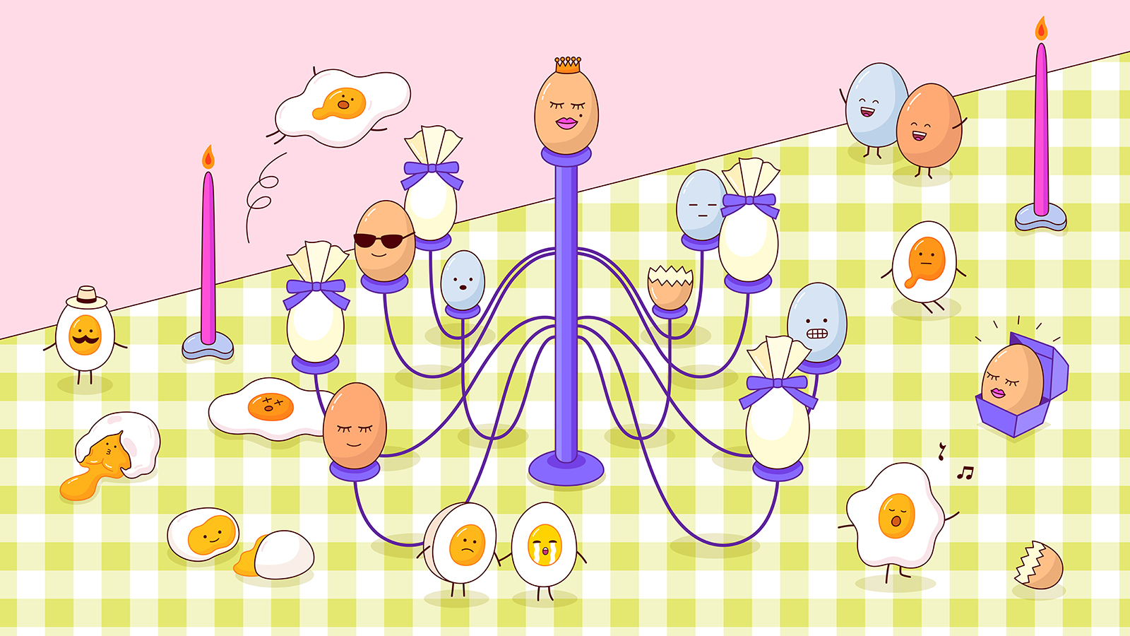 Anthropomorphized eggs sit in an egg chandelier on a table, surrounded by other anthropomorphized eggs. Illustration.