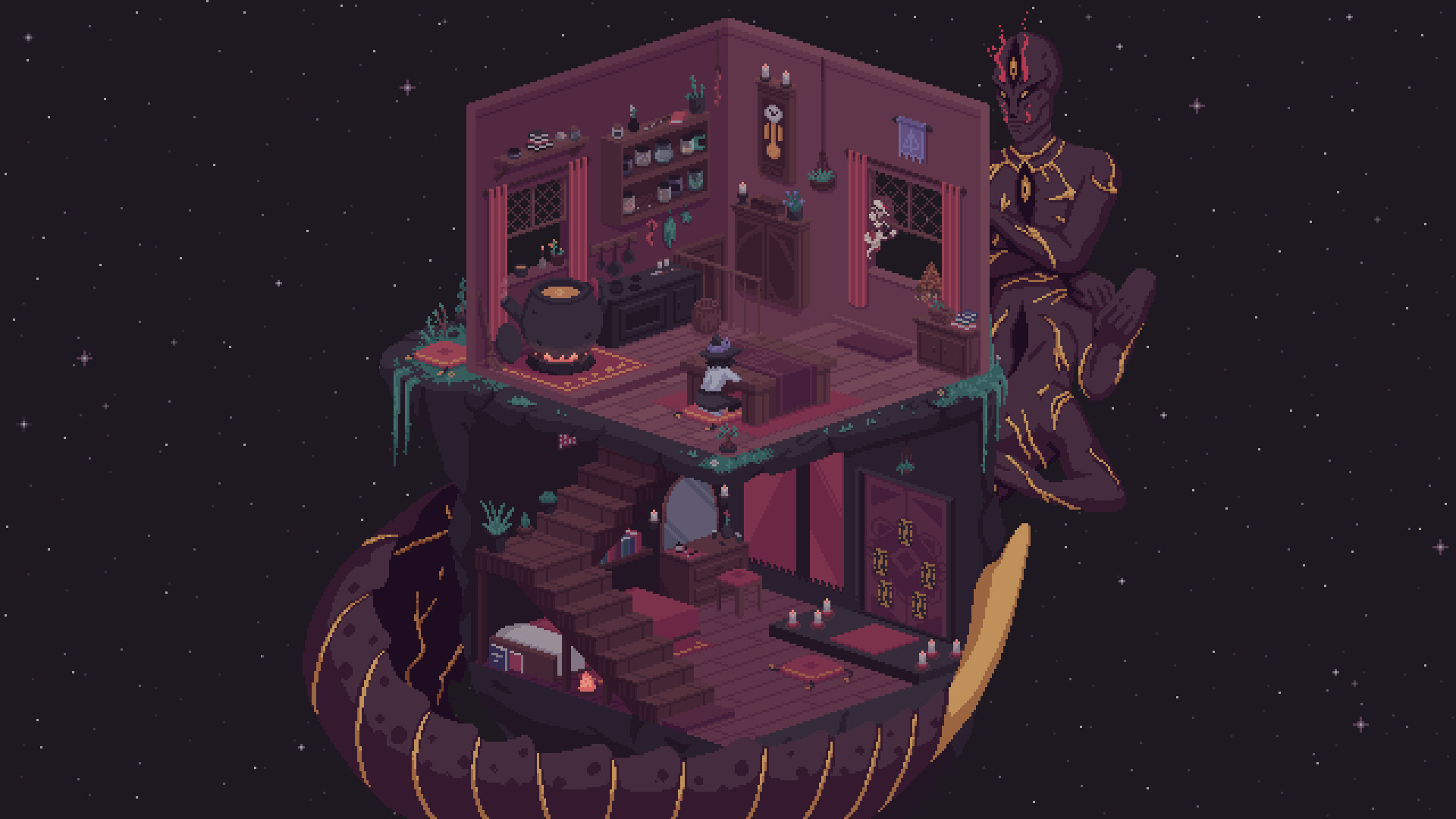A pixelized apartment, colored in purple and pinks.