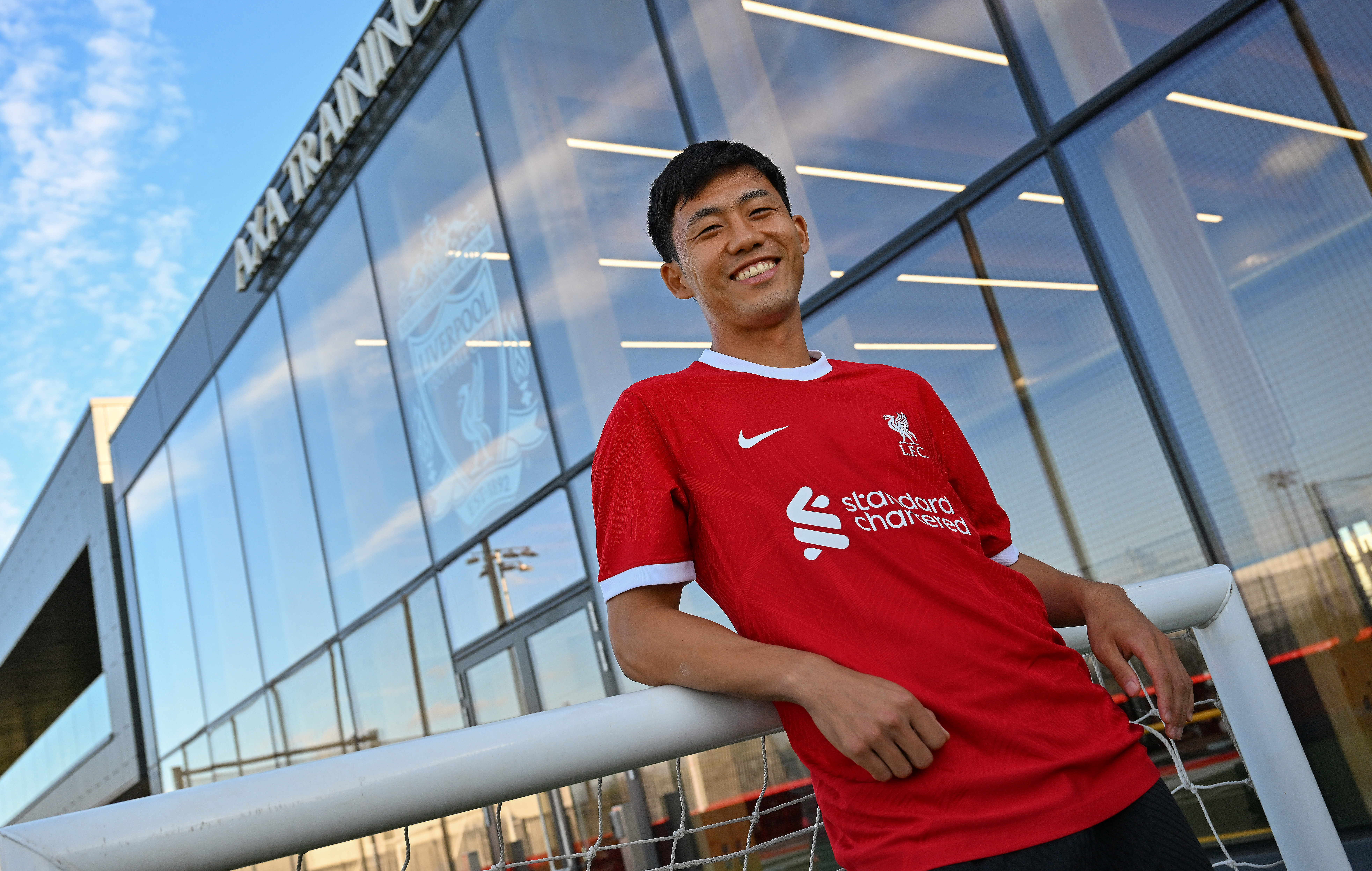 Wataru Endo, new signing for Liverpool, at AXA Training Centre on August 18, 2023 in Kirkby, England.  &nbsp;   