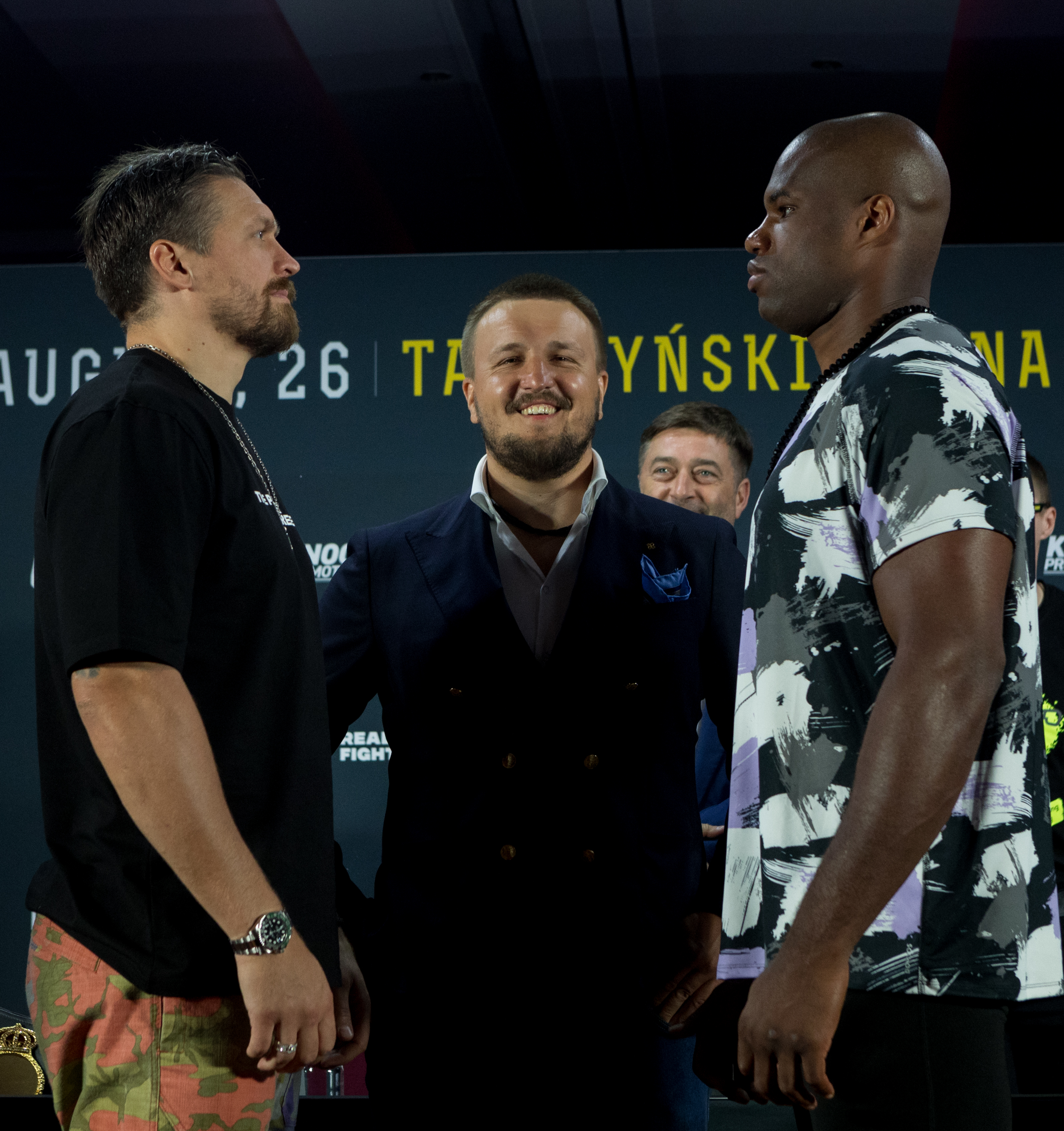 Oleksandr Usyk, Daniel Dubois during press conference before Usyk vs Dubois boxing fight, in Warsaw, Poland on July 10, 2023.