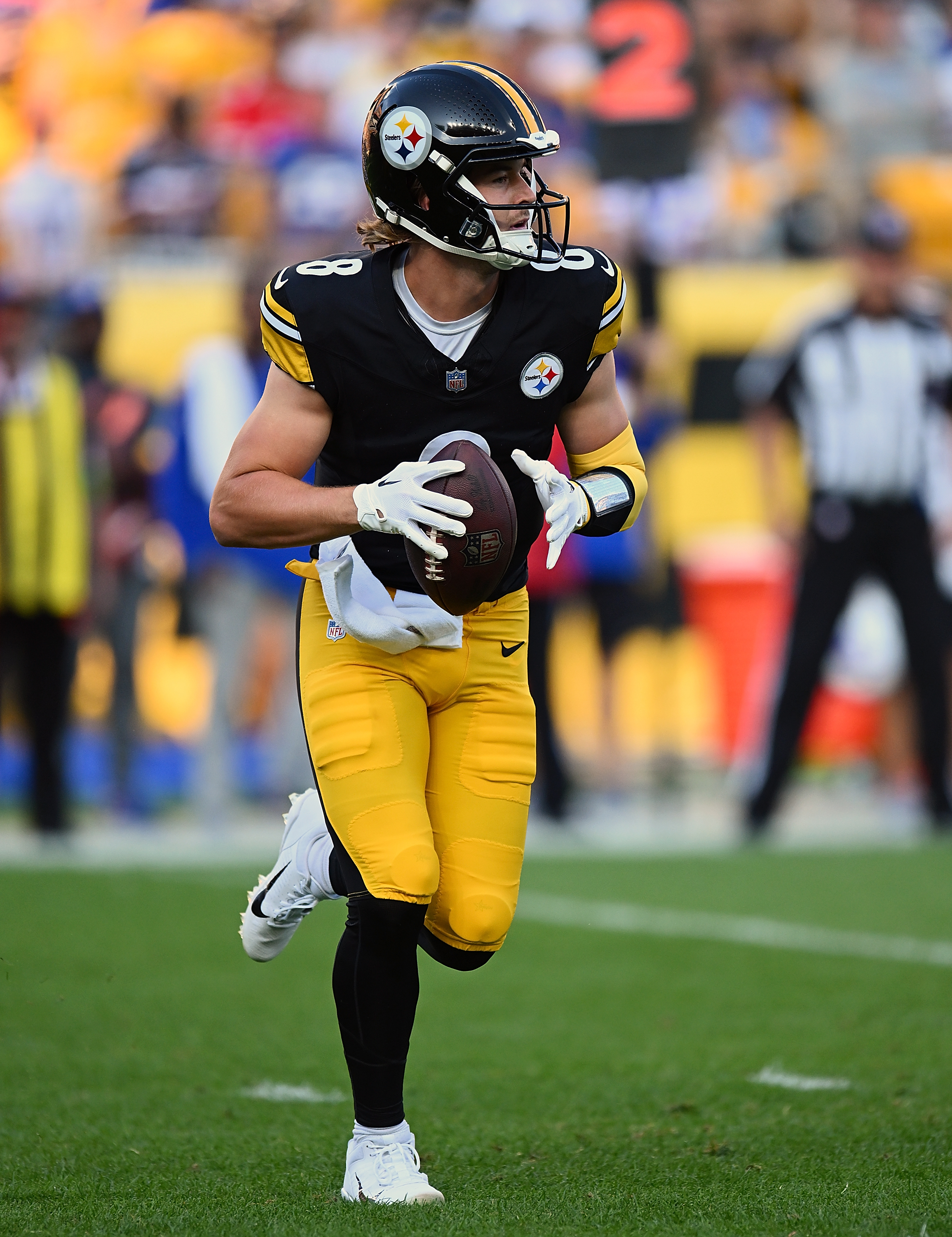 Kenny Pickett #8 of the Pittsburgh Steelers looks to pass during the first quarter against the Buffalo Bills of a preseason game at Acrisure Stadium on August 19, 2023 in Pittsburgh, Pennsylvania.