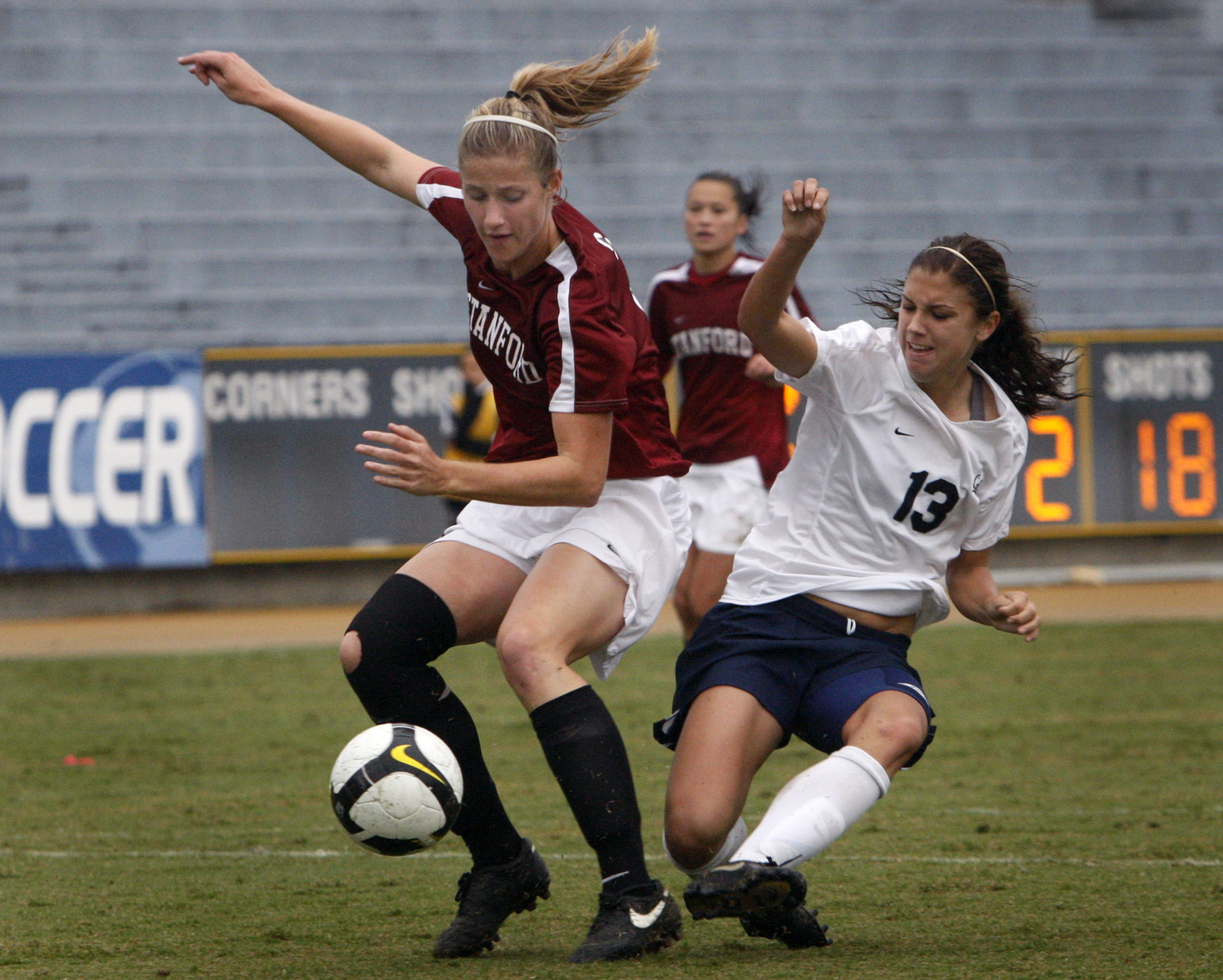 Cal’s Alex Morgan (13) takes a shot on goal against Allison Falk and the Stanford Cardinal in a women’s soccer game at Edwards Stadium in Berkeley, Calif., on Saturday, Nov. 8, 2008