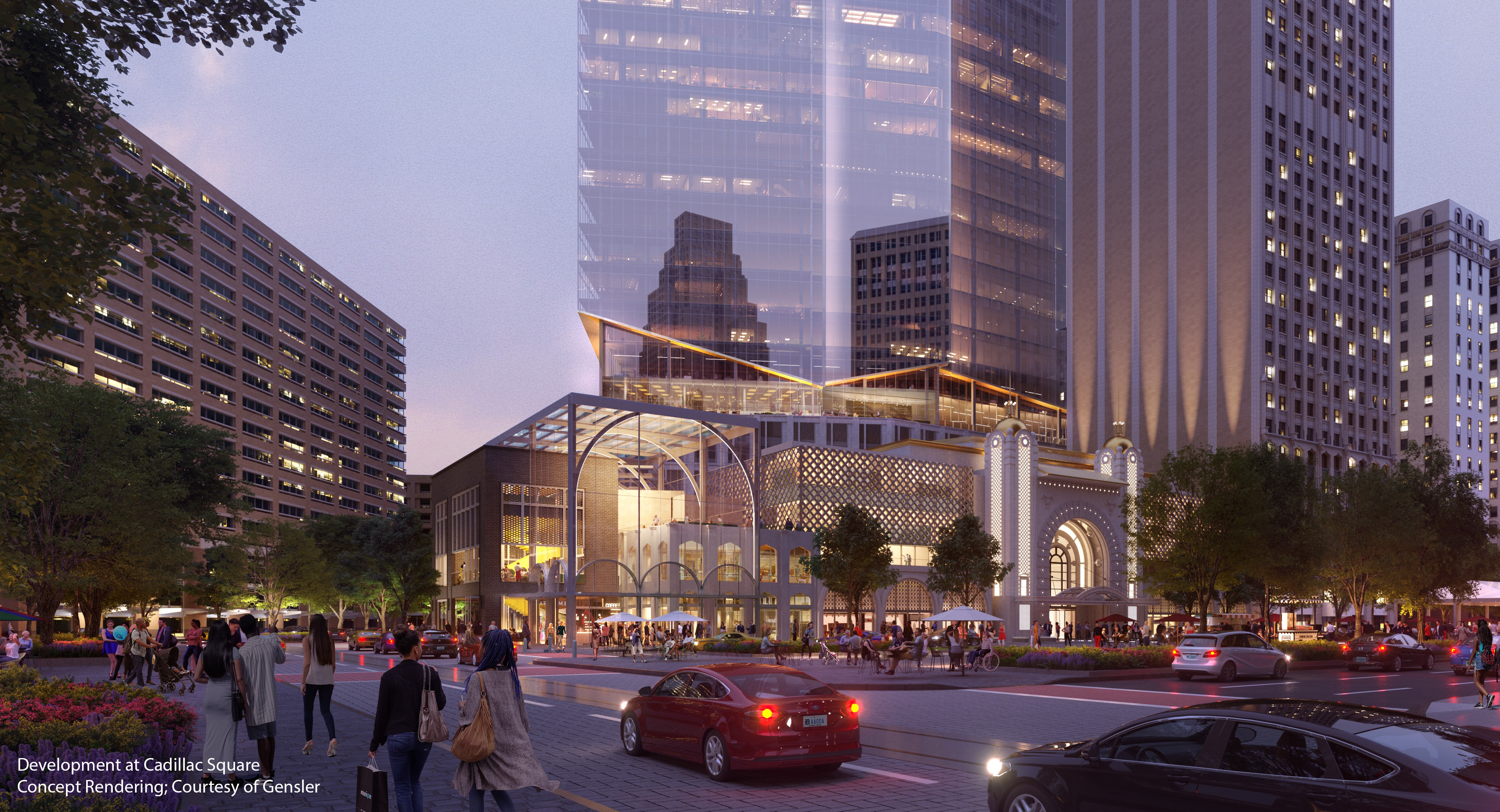 A rendering of Bedrock’s plans for the development of Cadillac Square in downtown, Detroit, Michigan.