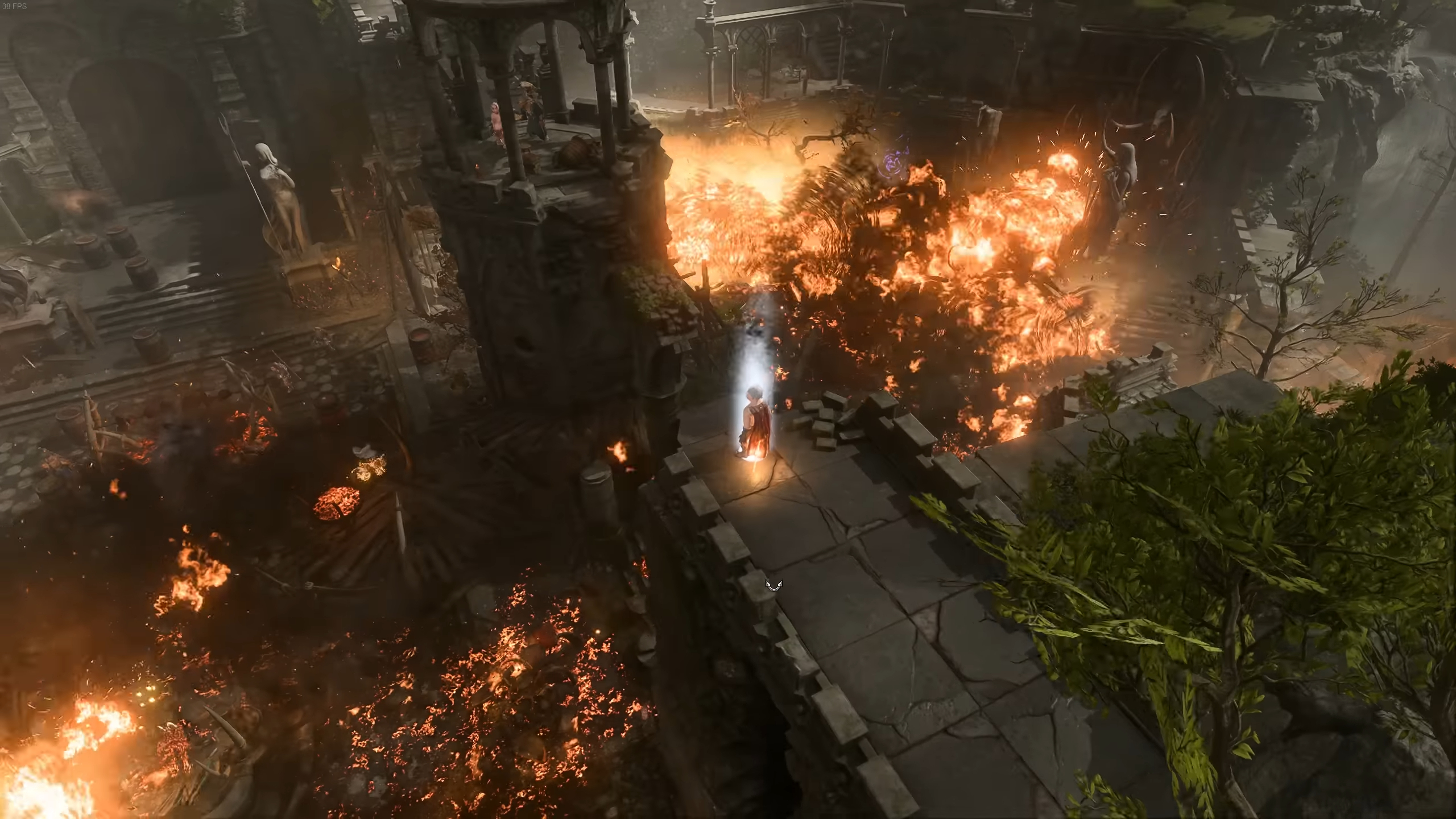 A Halfling barbarian character standing over a ledge in Baldur’s Gate 3, witnessing massive explosions below.