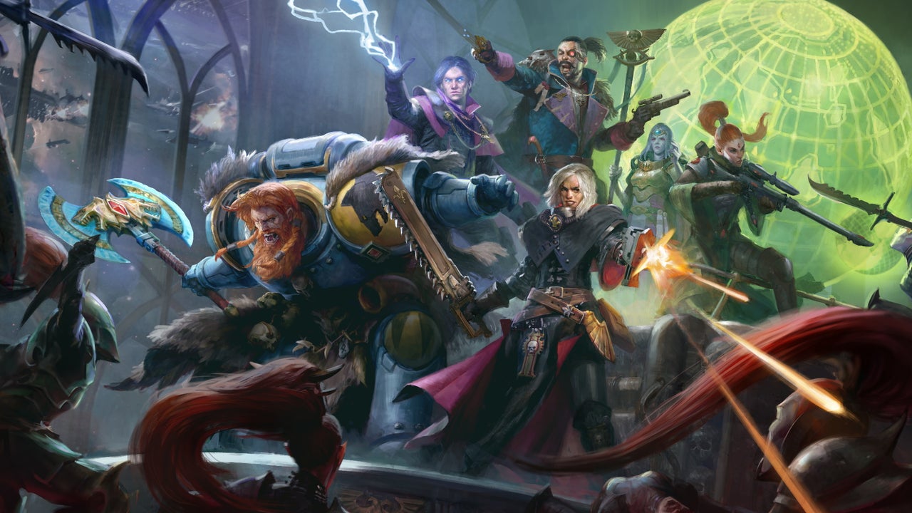 A band of companions right off enemies with melee and ranged weapons in Warhammer 40K: Rogue Trader