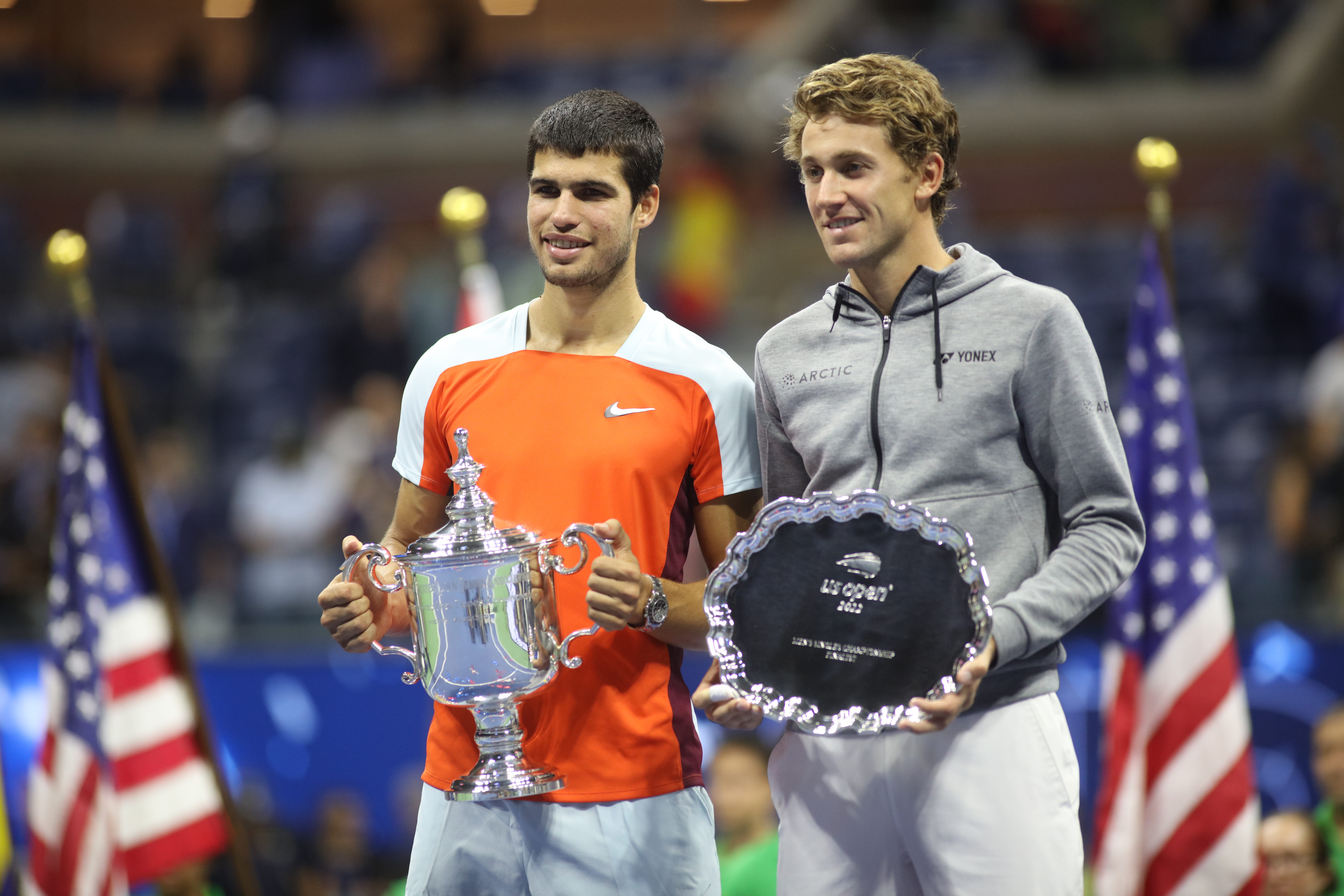 Winner Carlos Alcaraz of Spain and runner-up Casper Ruud of Norway with their trophies after the Men’s Singles Final match on Arthur Ashe Stadium during the US Open Tennis Championship 2022 at the USTA National Tennis Centre on September 11th 2022 in Flushing, Queens, New York City.
