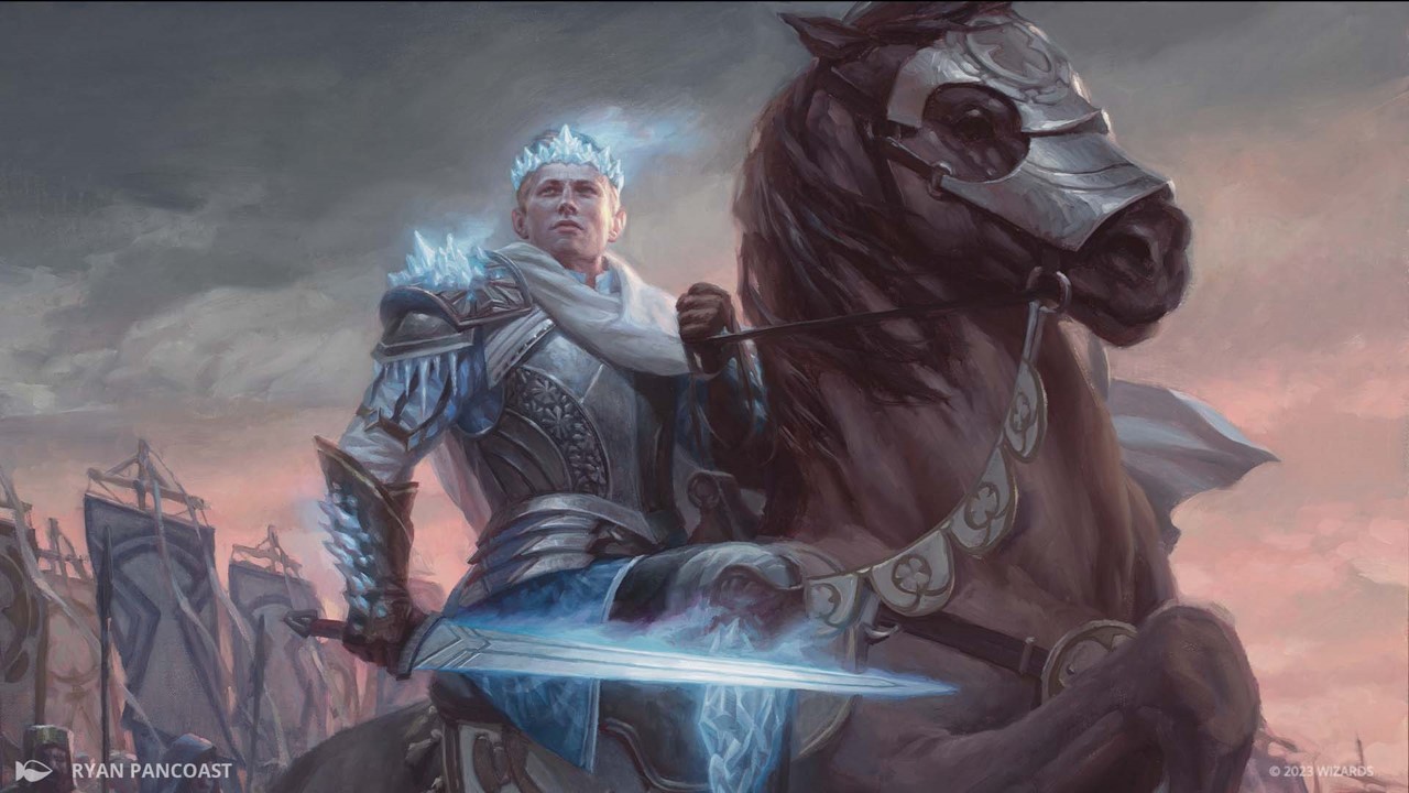 Art of Will, Scion of Peace. He is riding a horse and is wearing icy armor. It’s part of the Magic: The Gathering’s Wilds of Eldraine&nbsp;expansion.