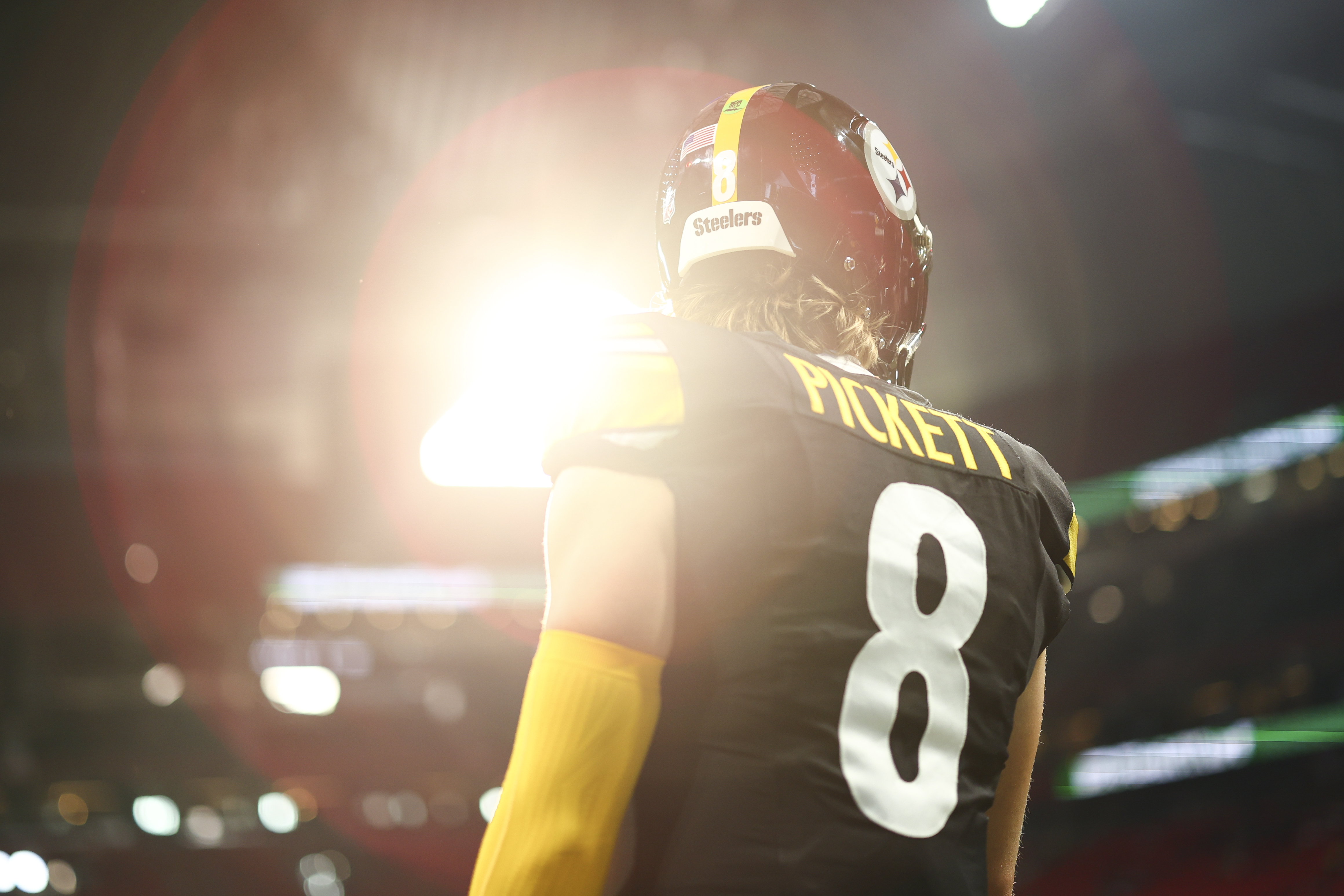 Kenny Pickett #8 of the Pittsburgh Steelers warms up prior to an NFL preseason football game against the Atlanta Falcons at Mercedes-Benz Stadium on August 24, 2023 in Atlanta, Georgia.