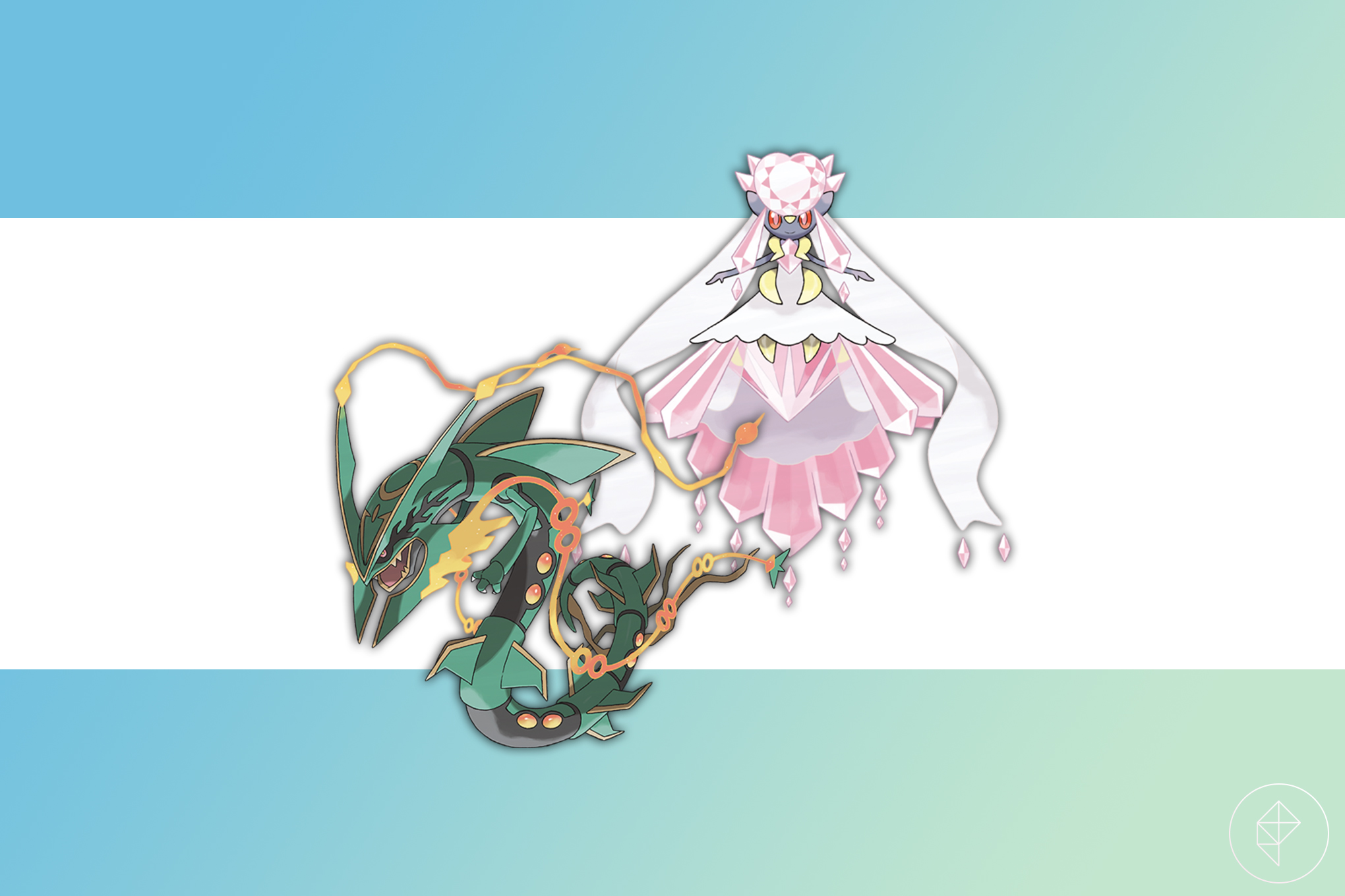Mega Rayquaza and Diancie on a green and blue gradient background