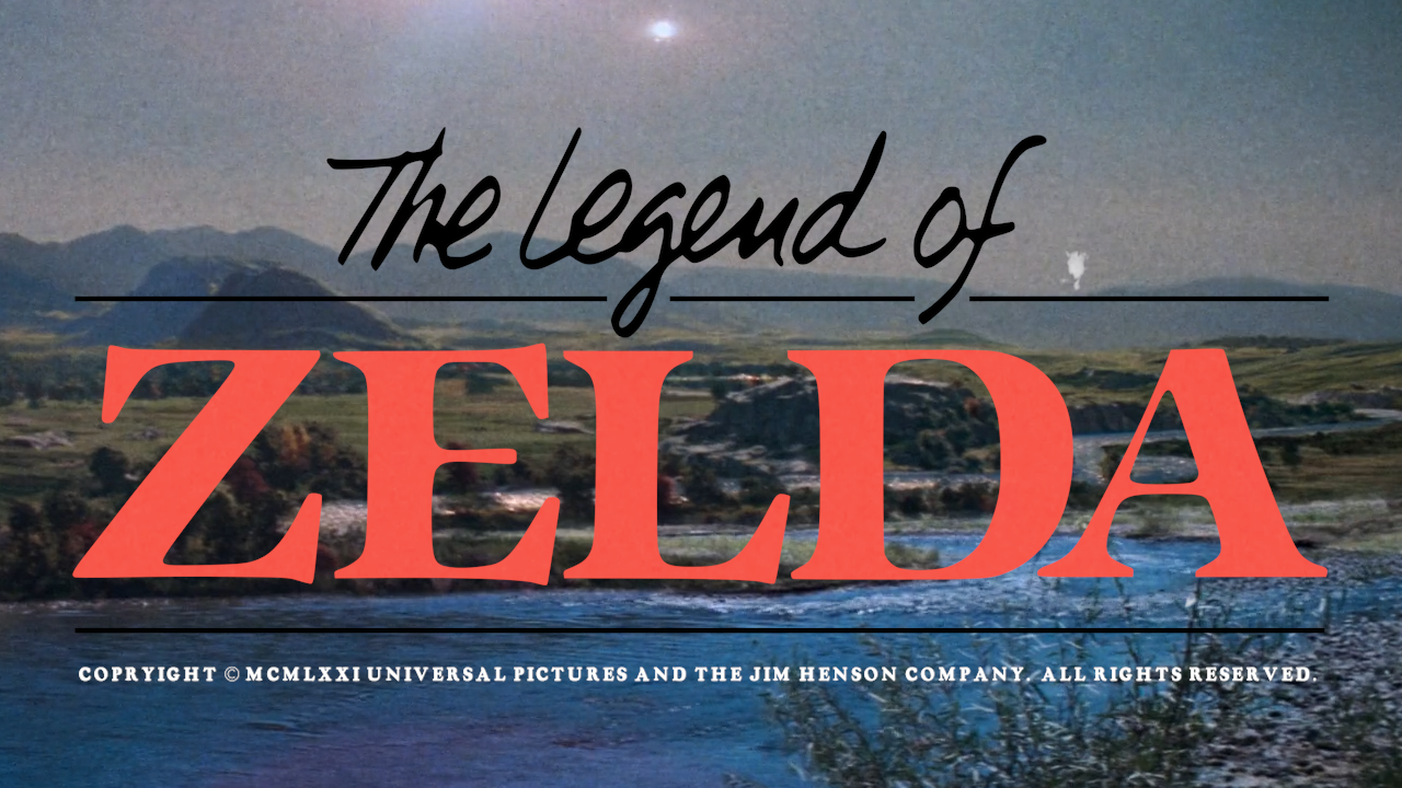 A fake credits image for a Legend of Zelda movie, featuring a vast beautiful landscape and the title, with a fake copyright for Universal Pictures and the Jim Henson company.