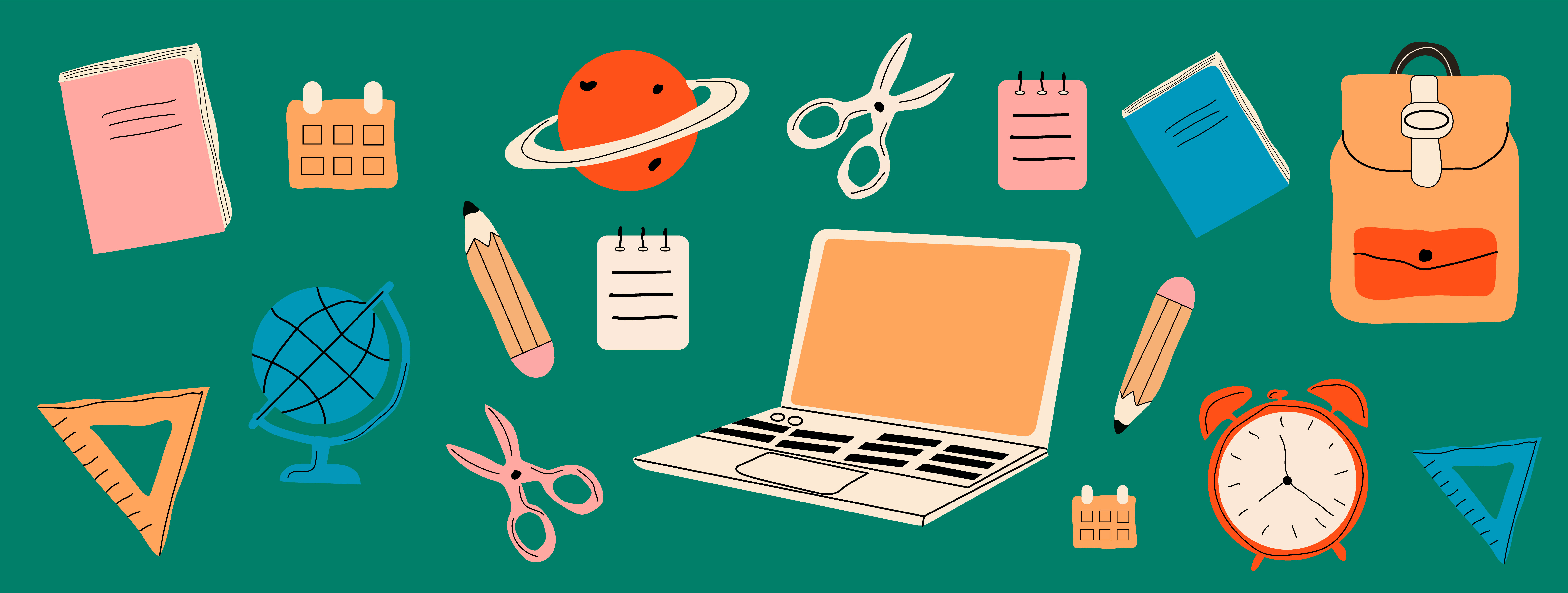 An illustration of school supplies: Notebooks, a globe, a laptop, scissors, a pencil, a clock, a planet, a calculator, and geometry tools.