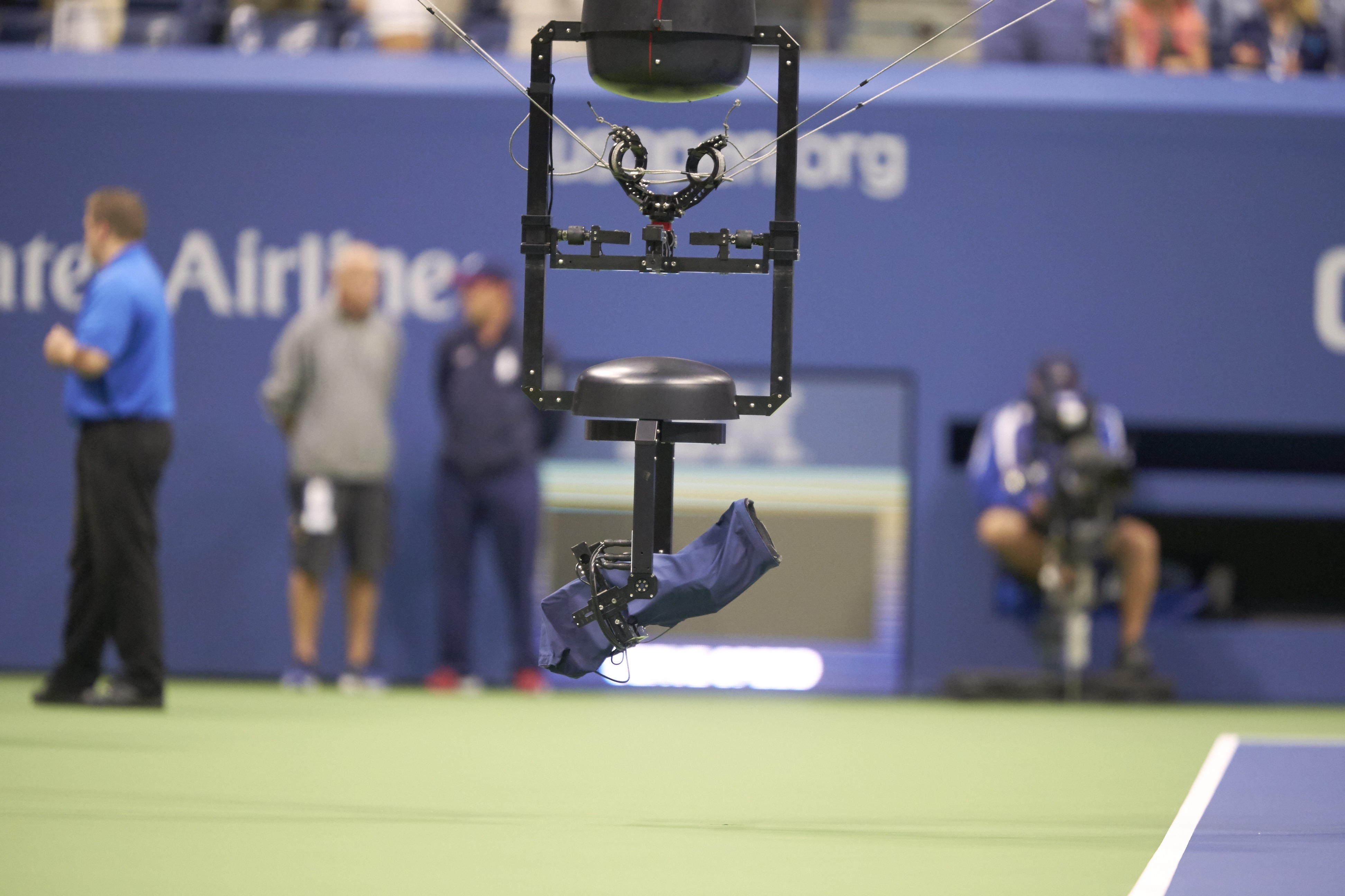 Closeup of spidercam television camera over court during Serbia Novak Djokovic vs Switzerland Roger Federer Men’s Final at BJK National Tennis Center.