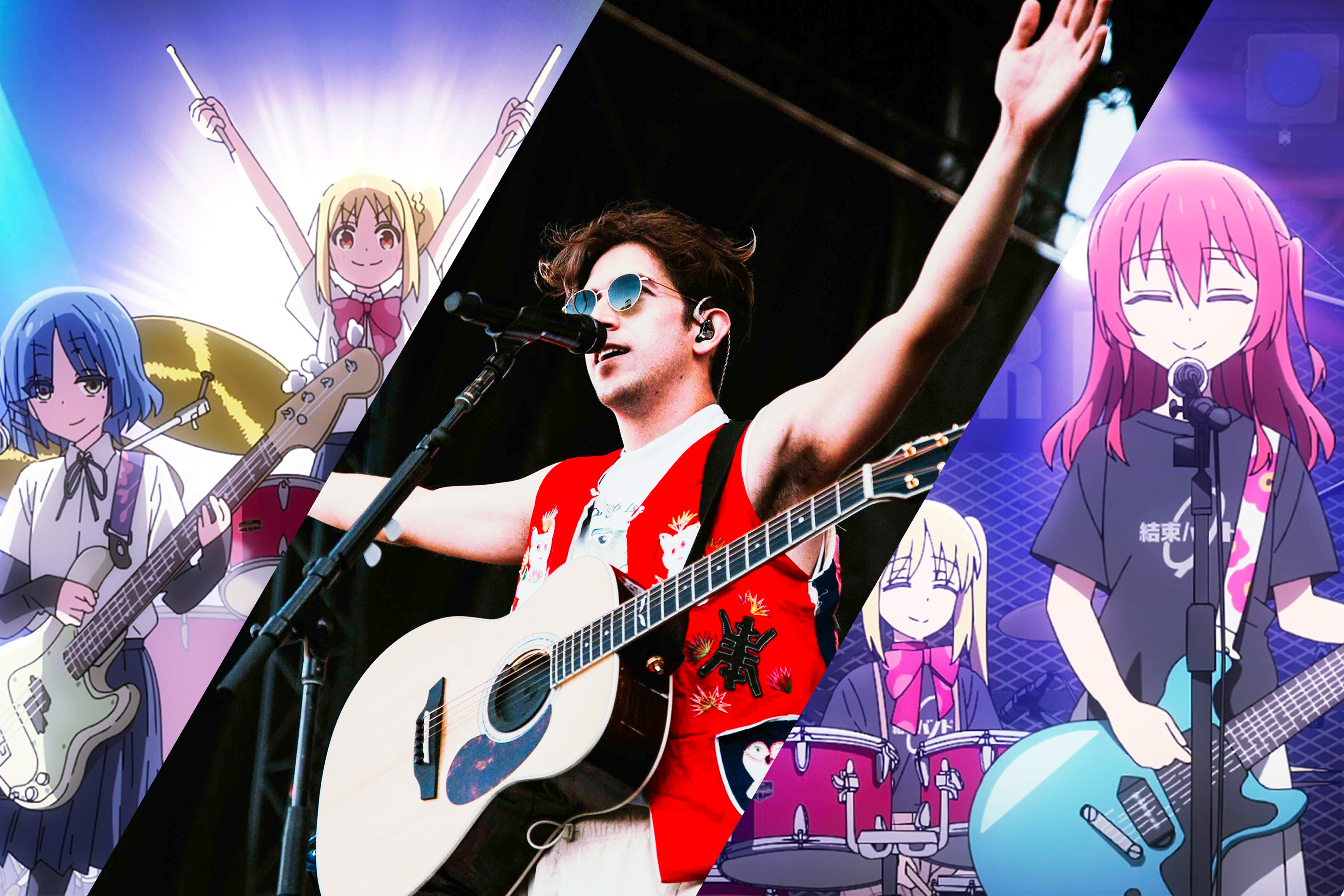 A photo illustration combining characters from Bocchi the Rock with a photo of the musician Ricky Montgomery performing live on stage.
