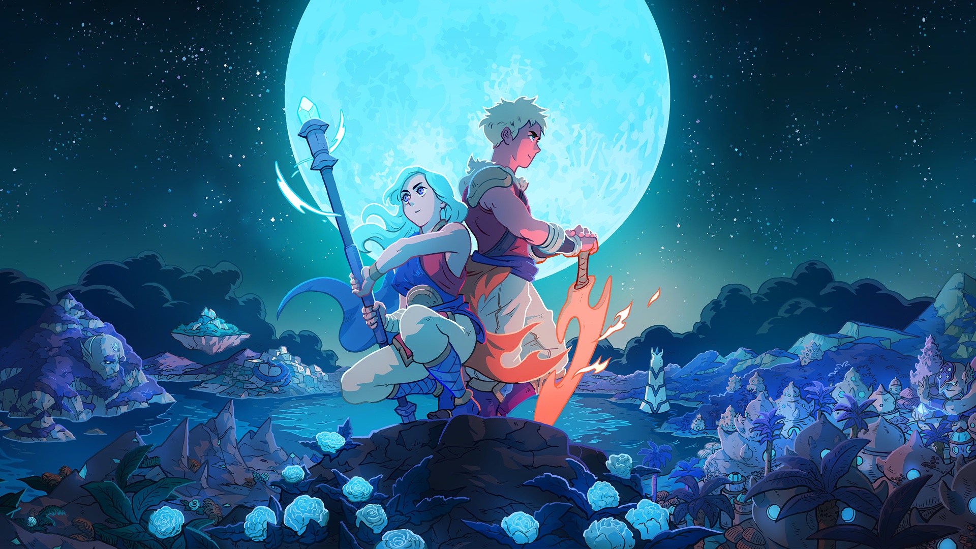 Two characters kneel in front of a moon in official Sea of Stars artwork