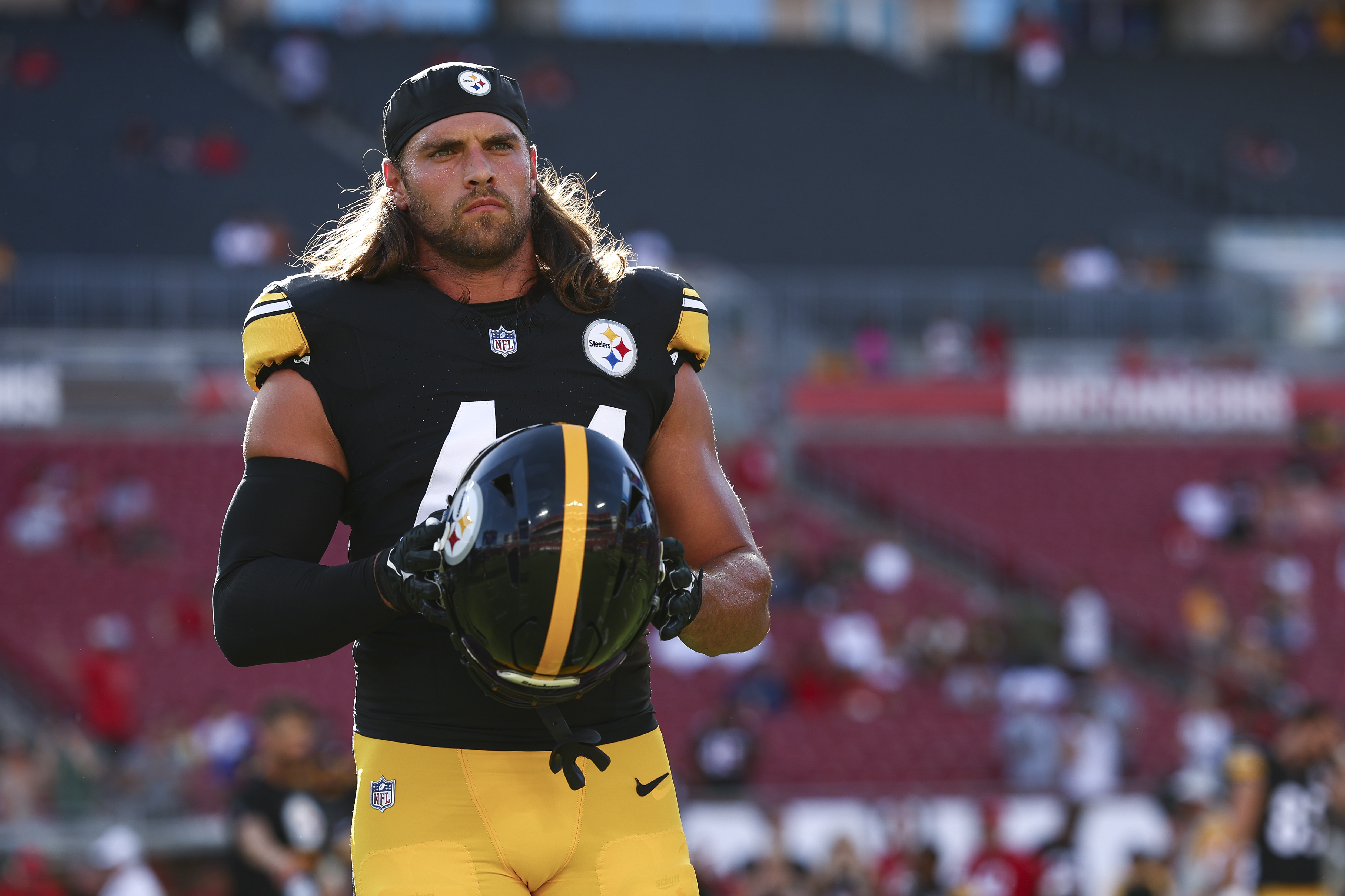 Tanner Muse #44 of the Pittsburgh Steelers warms up prior to an NFL preseason football game against the Tampa Bay Buccaneers at Raymond James Stadium on August 11, 2023 in Tampa, Florida