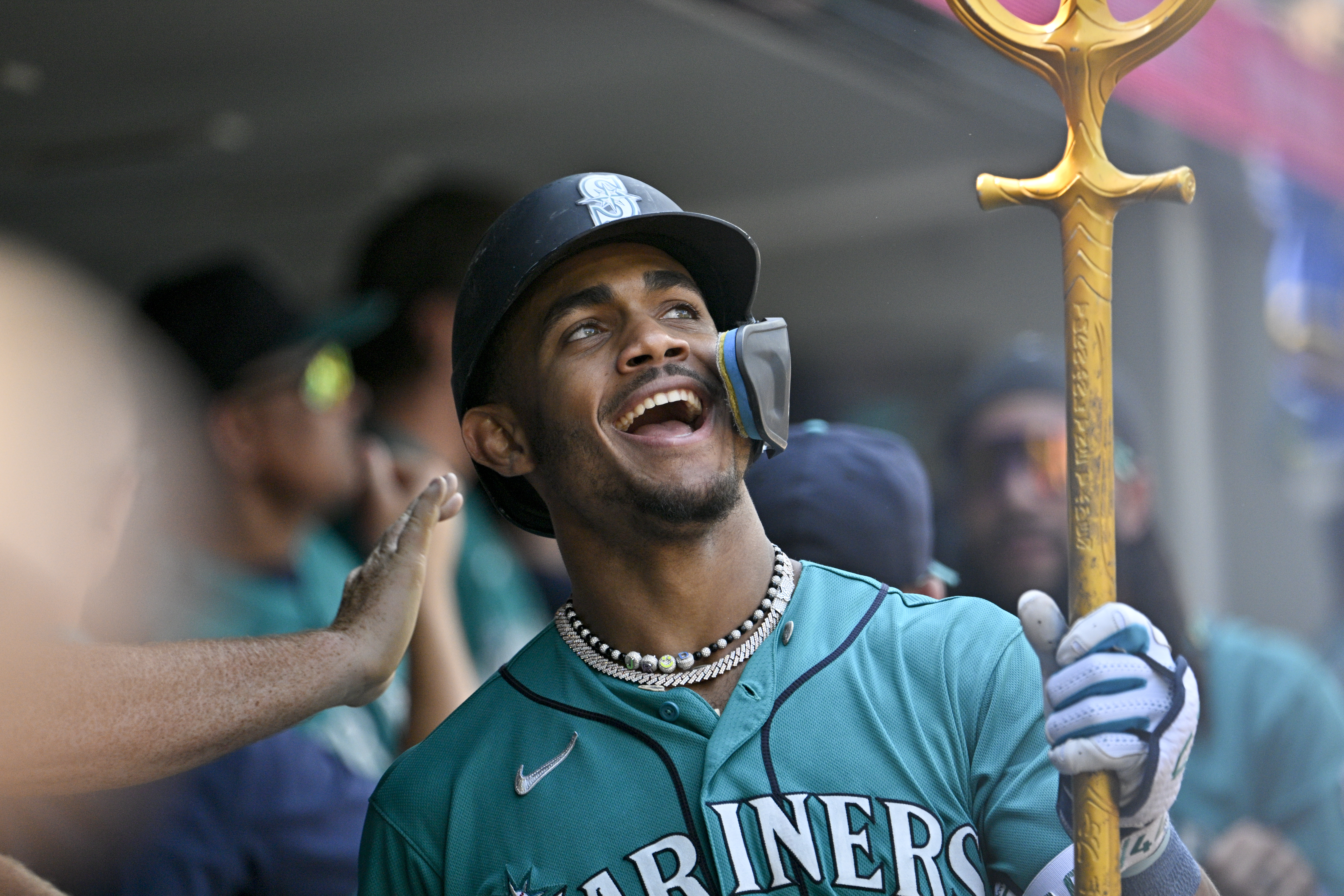 ulio Rodriguez #44 of the Seattle Mariners celebrates with teammates after hitting a two-run home run during the fifth inning against the Kansas City Royals at T-Mobile Park on August 26, 2023