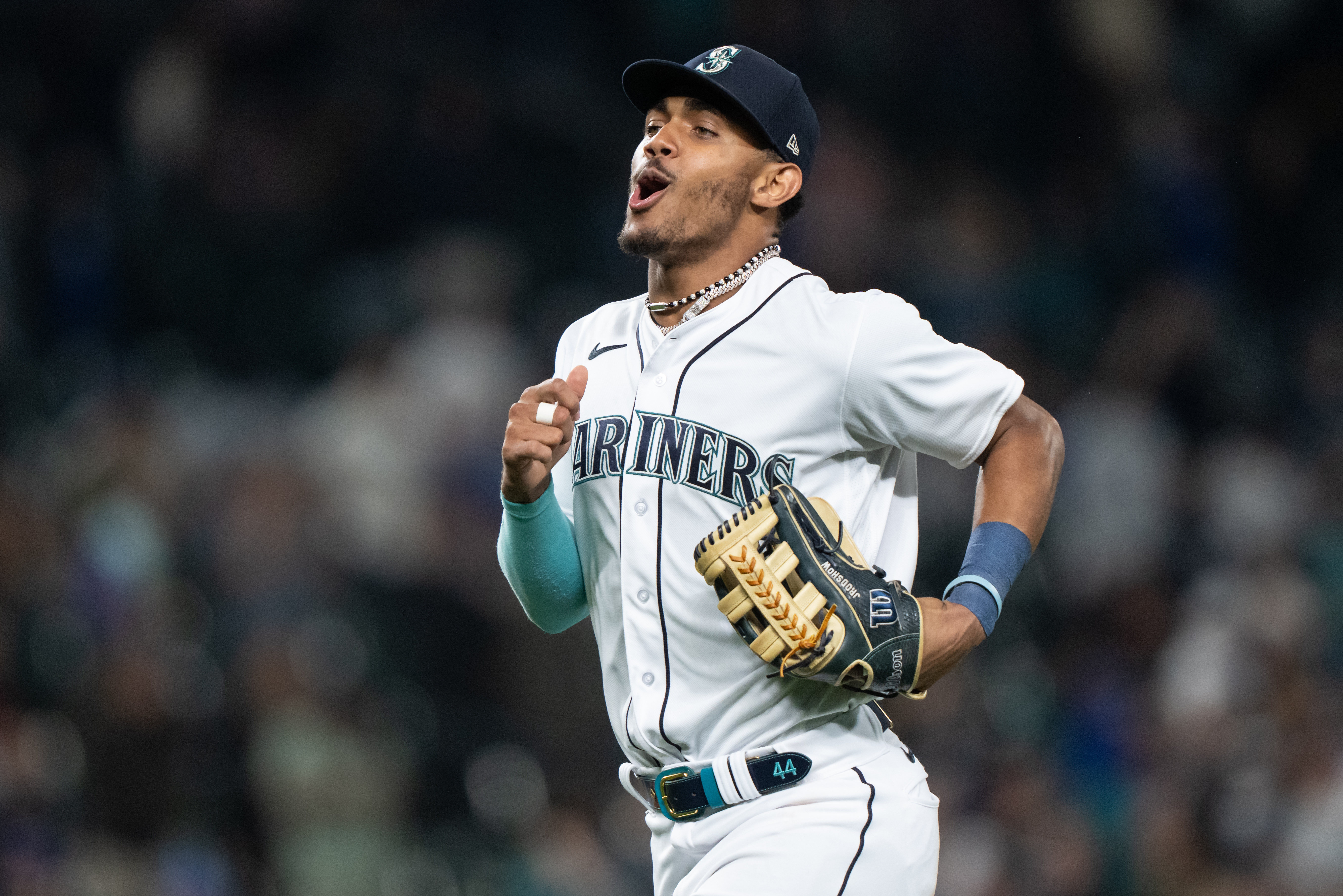 Julio Rodriguez #44 of the Seattle Mariners celebrates after the 7-0 victory against the Oakland Athletics at T-Mobile Park on August 28, 2023 in Seattle, Washington. The Mariners won 7-0.