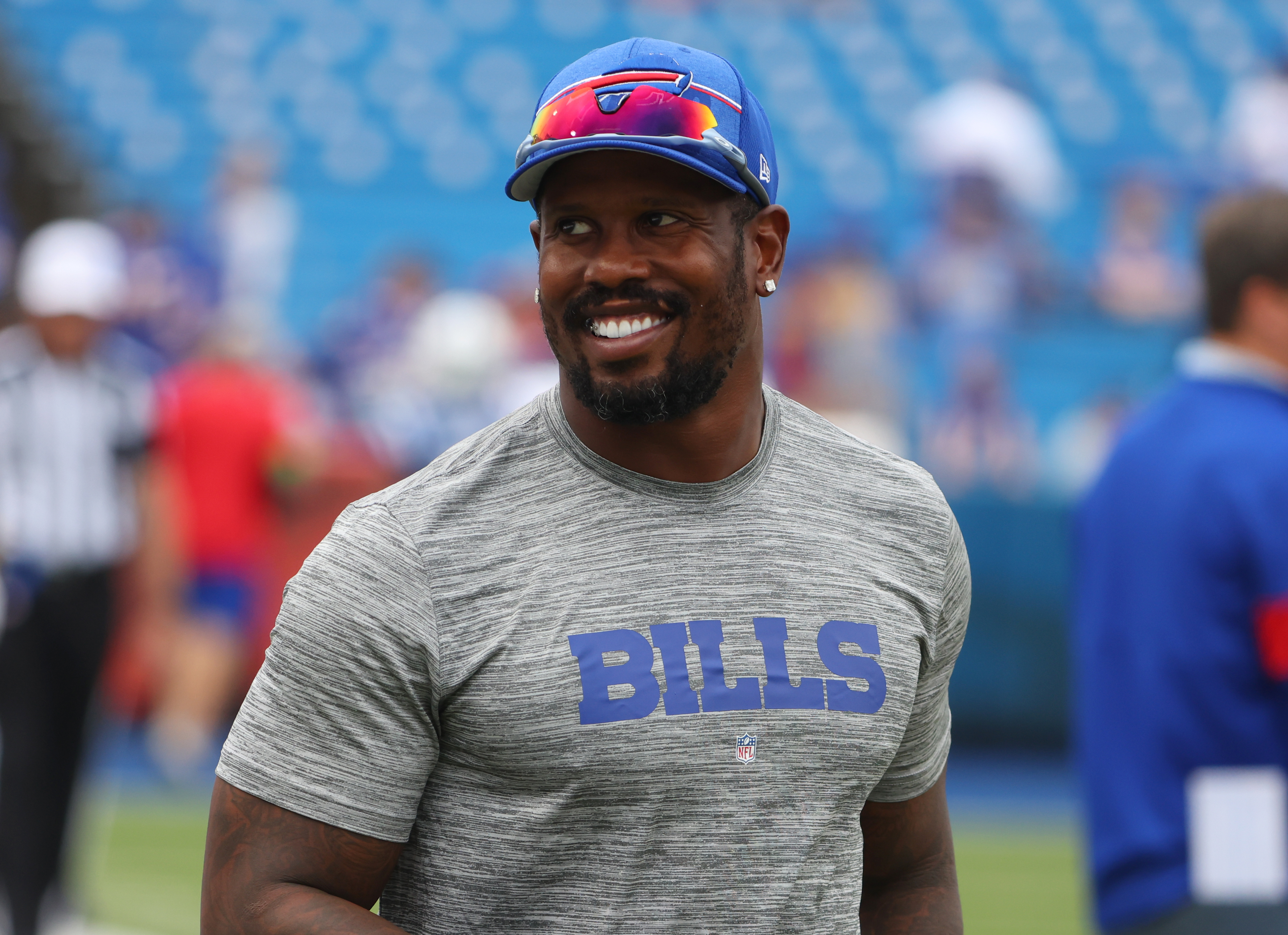 Von Miller #40 of the Buffalo Bills on the field before a preseason game against the Indianapolis Colts at Highmark Stadium on August 12, 2023 in Orchard Park, New York.