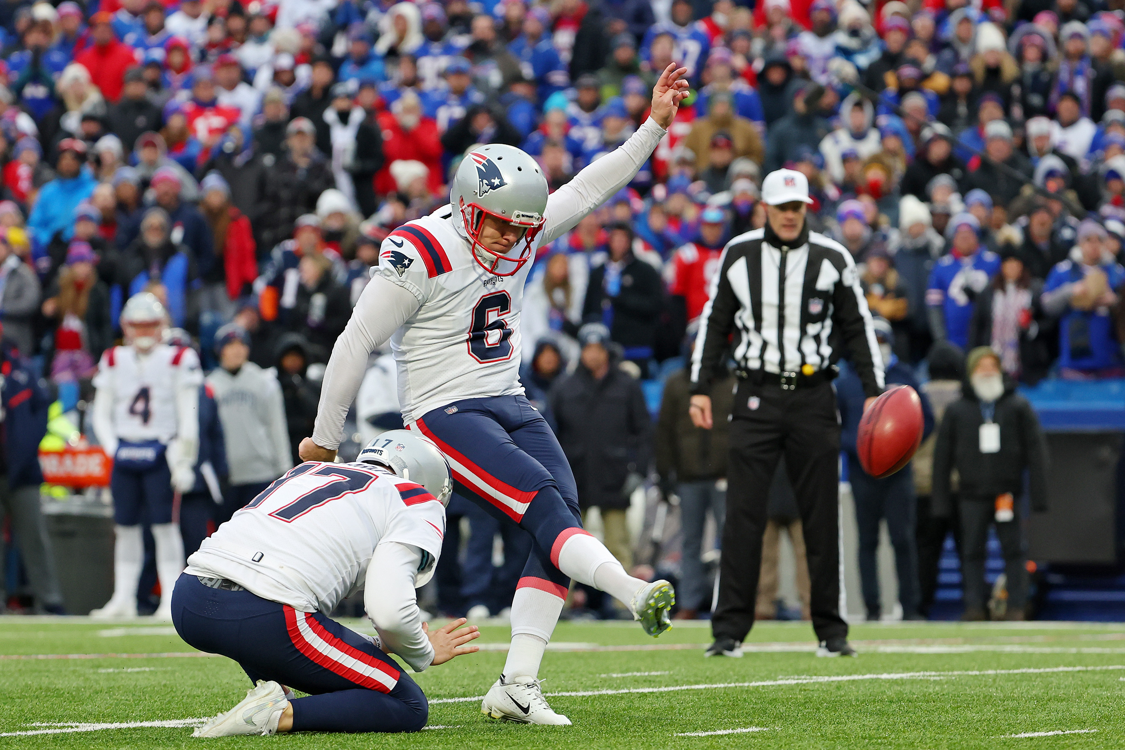 Kicker Nick Folk #6 of the New England Patriots kicks a field goal during the 3rd quarter of the game against the Buffalo Bills at Highmark Stadium on January 08, 2023 in Orchard Park, New York.