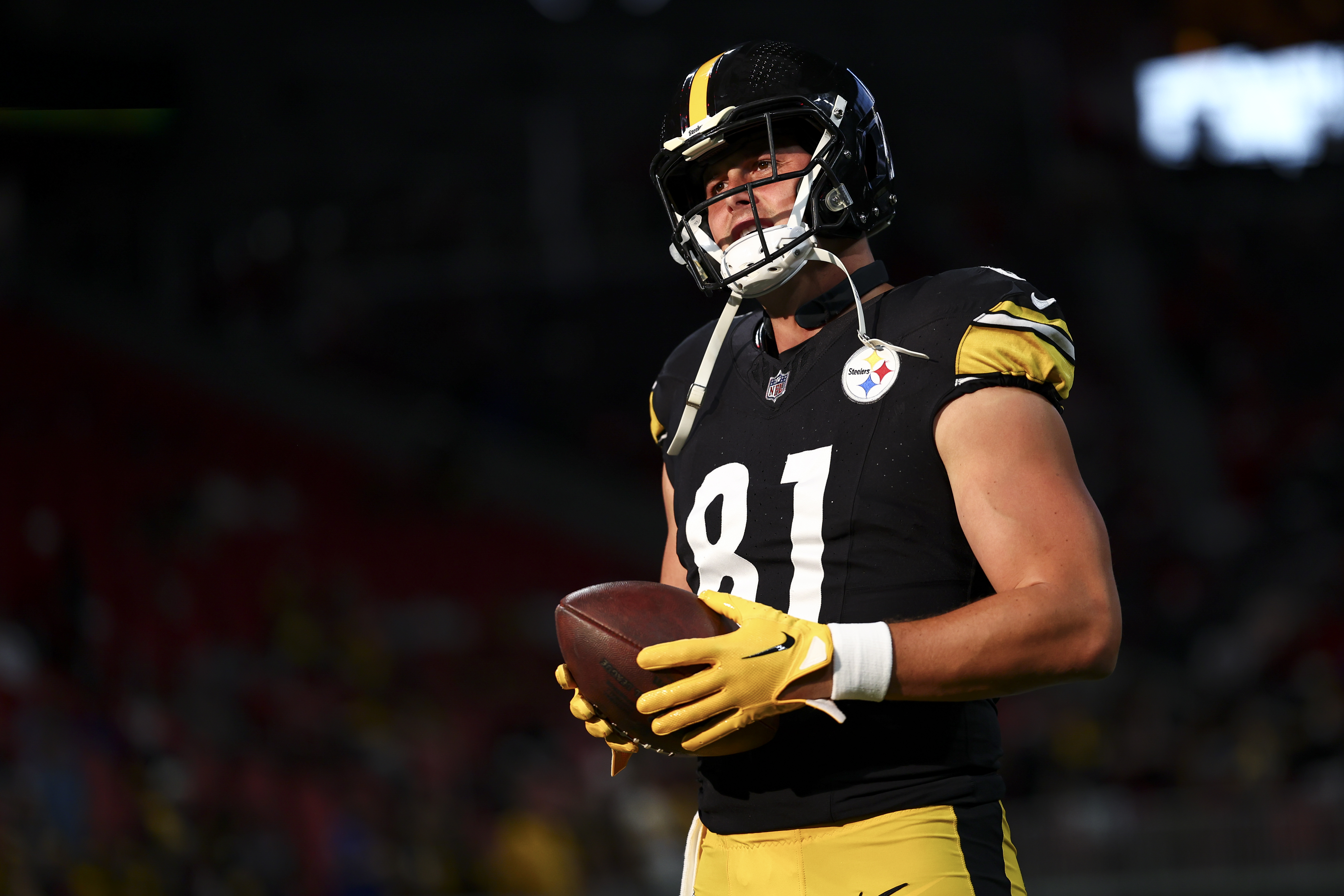 Zach Gentry #81 of the Pittsburgh Steelers warms up prior to an NFL preseason football game against the Atlanta Falcons at Mercedes-Benz Stadium on August 24, 2023 in Atlanta, Georgia.