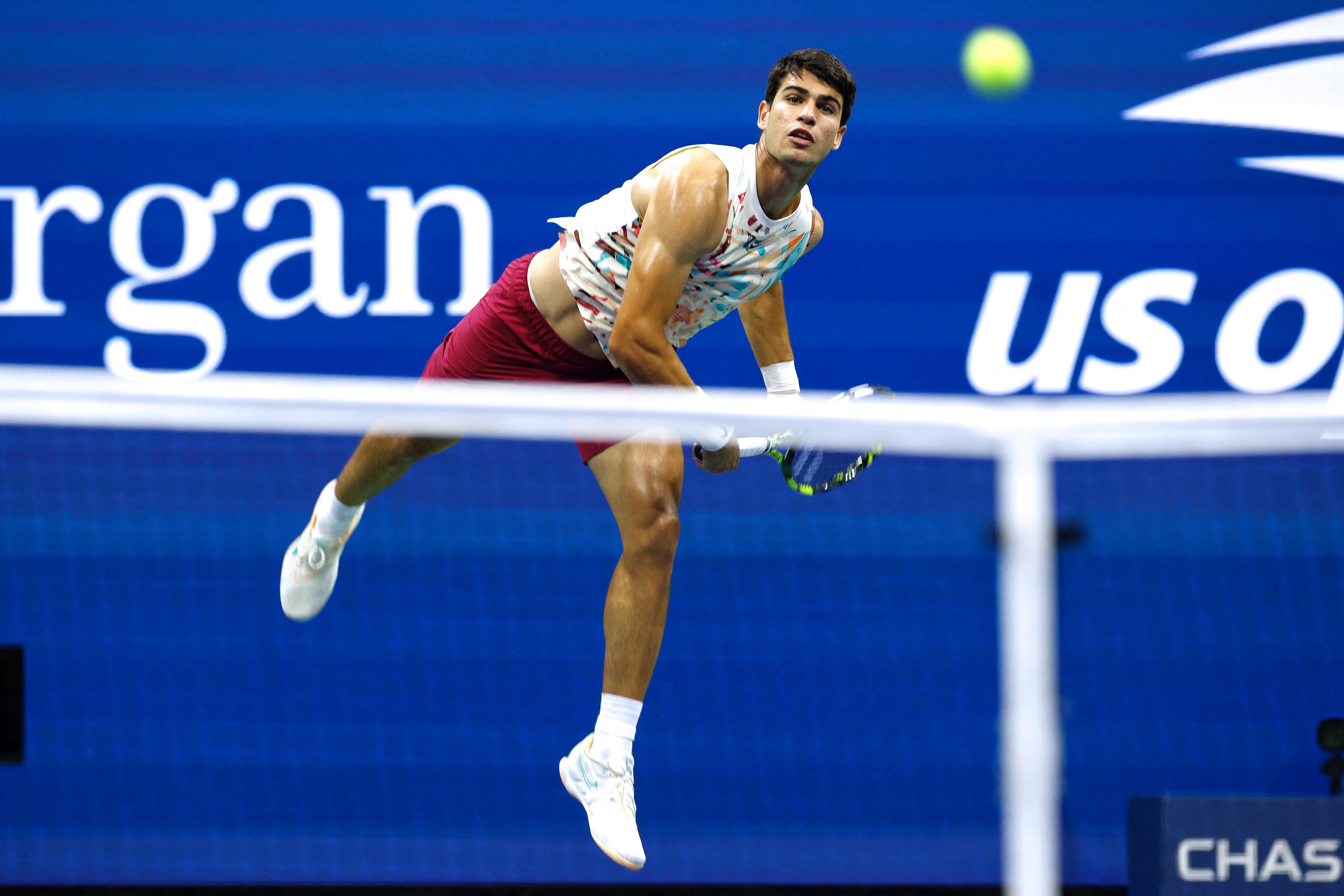 Spain’s Carlos Alcaraz serves to Germany’s Dominik Koepfer during the US Open tennis tournament men’s singles first round match at the USTA Billie Jean King National Tennis Center in New York City, on August 29, 2023.