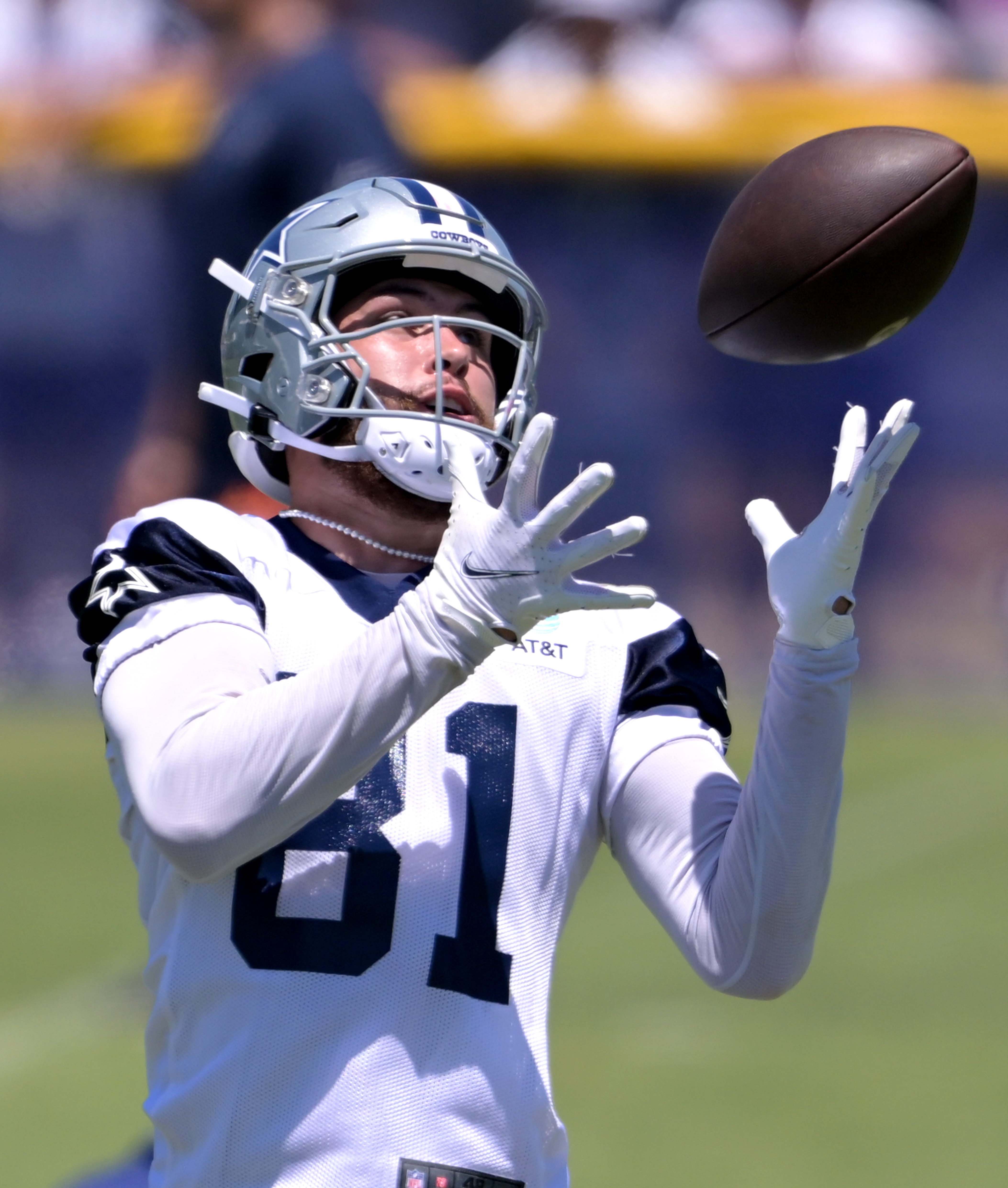 Wide receiver Simi Fehoko #81 of the Dallas Cowboys catches a pass during training camp at River Ridge Playing Fields on July 27, 2023 in Oxnard, California.