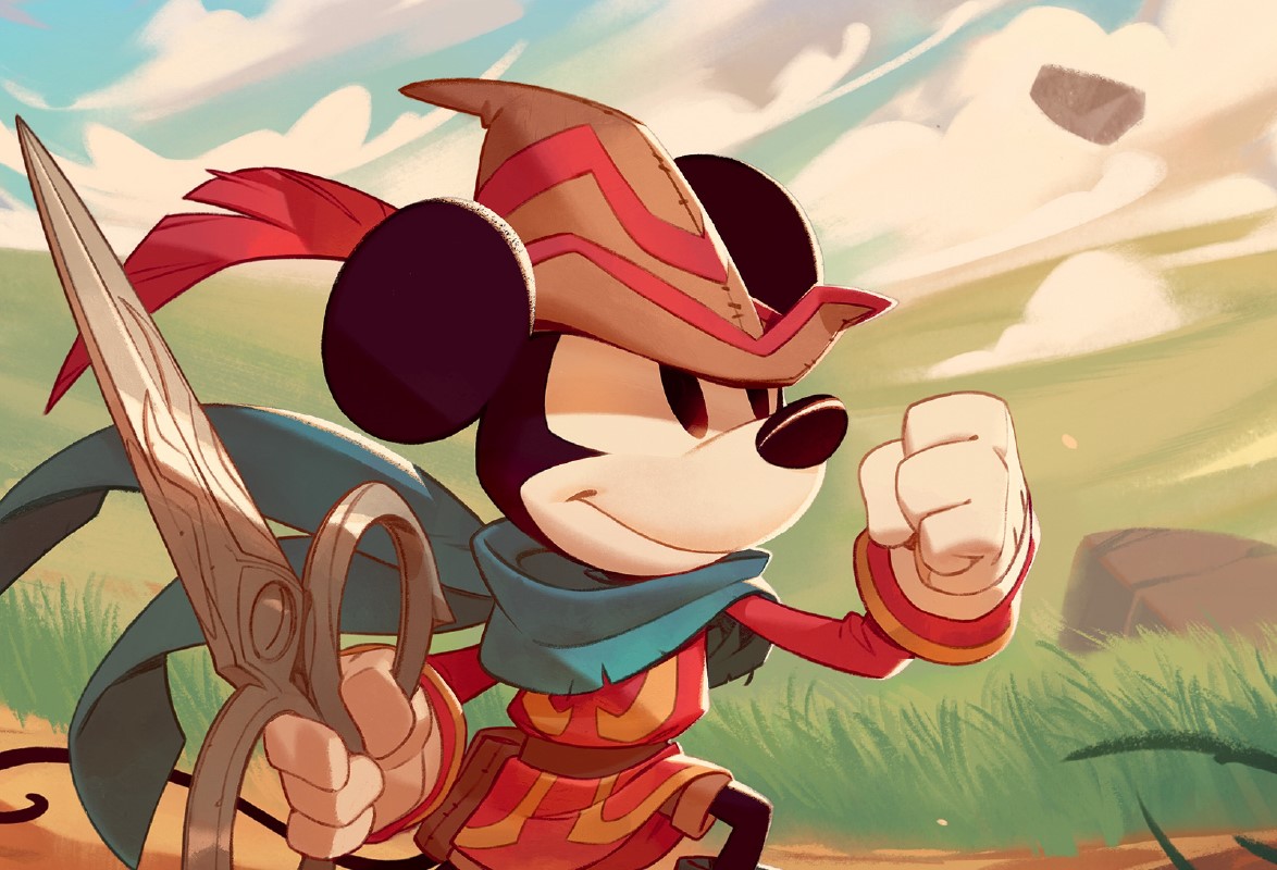 Disney Lorcana card for Mickey Mouse, as shown in the D23 exclusive collector’s edition card. He’s holding a scissor.