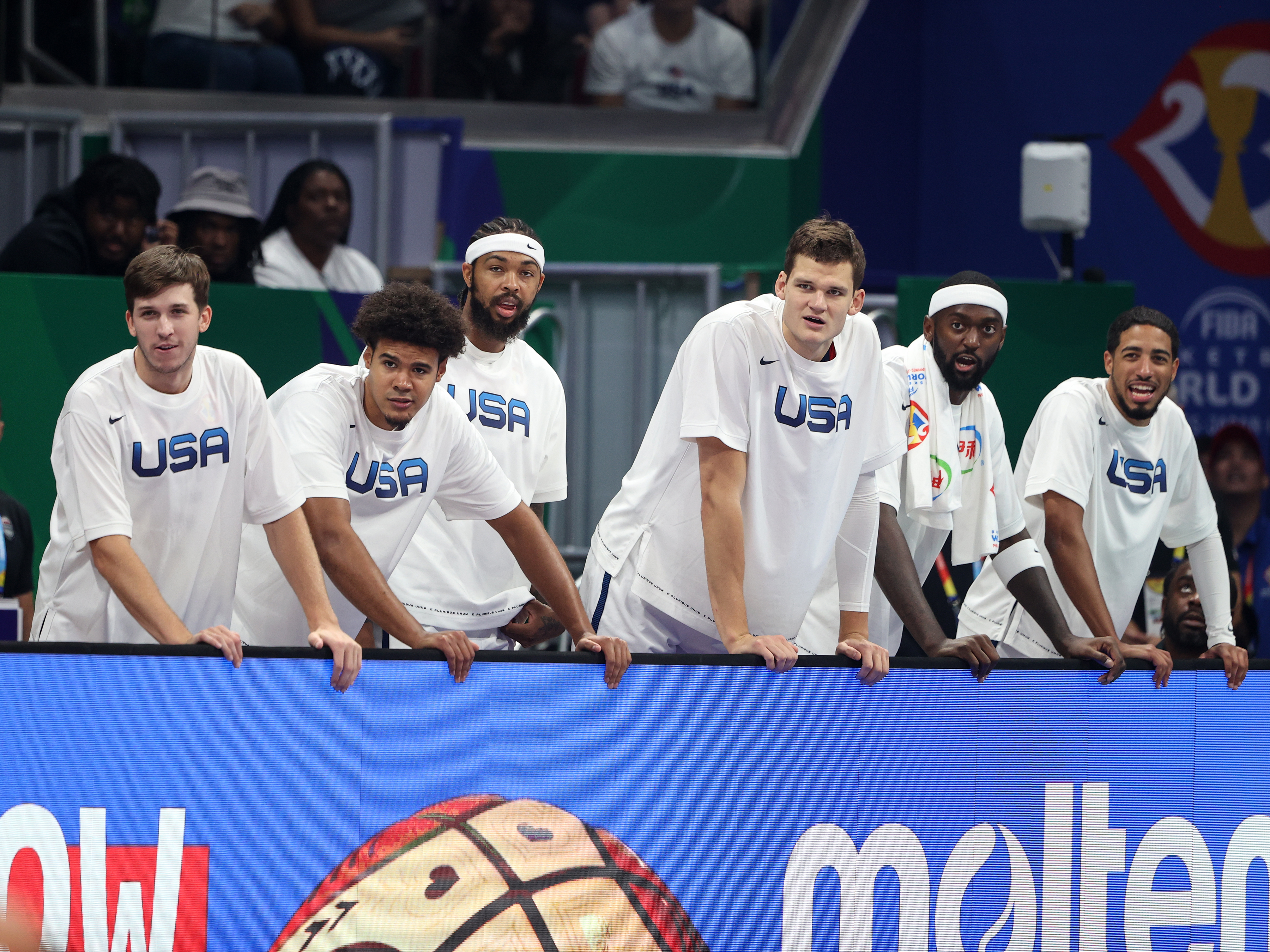The USA Men’s Senior National Team cheer from the bench during the game against Jordan as part of the 2023 FIBA World Cup on August 30, 2023 at Mall of Asia Arena in Manila, Philippines.
