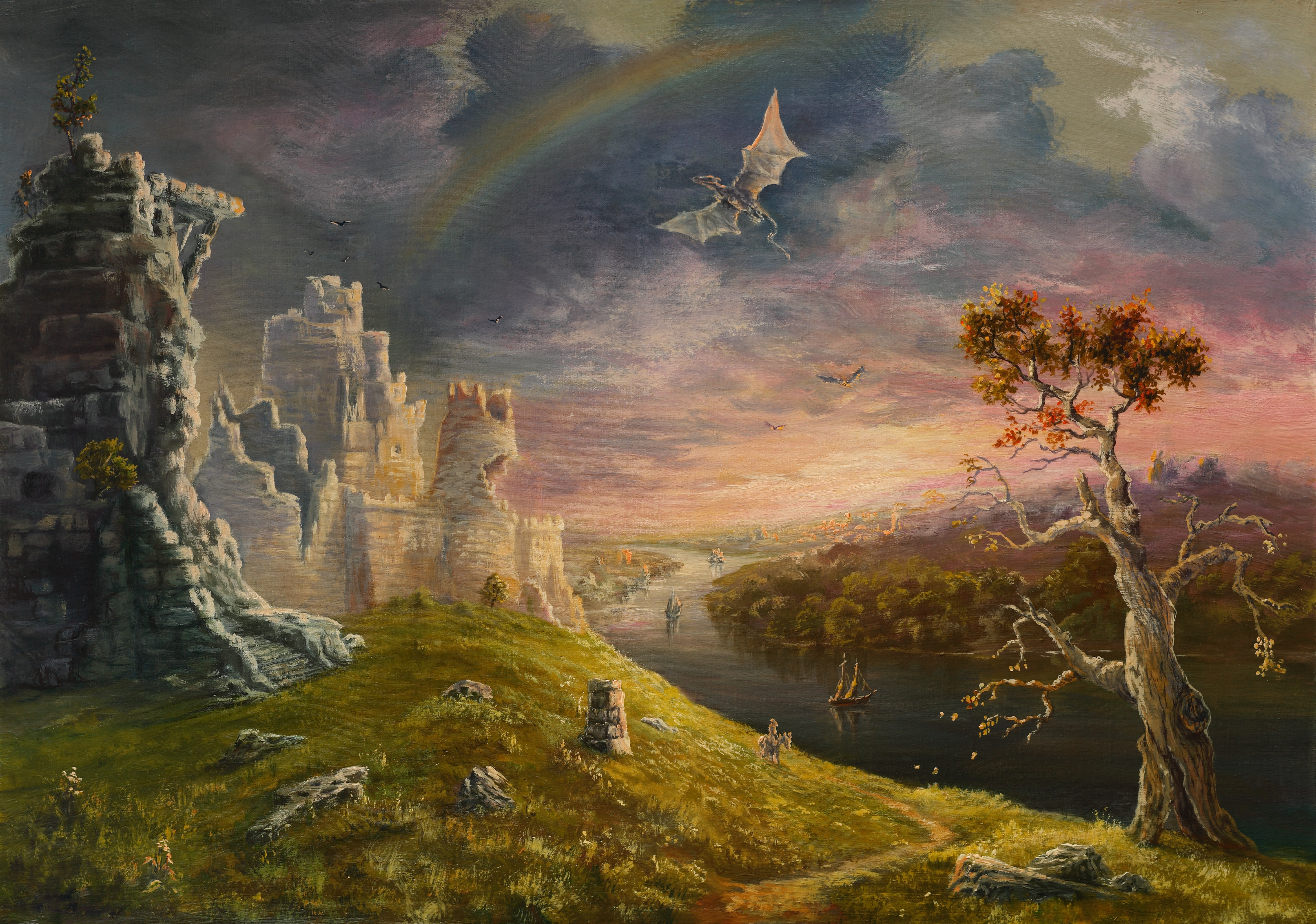 A dragon soars over a ruined castle surrounded by trees, with a murky rainbow in the sky.