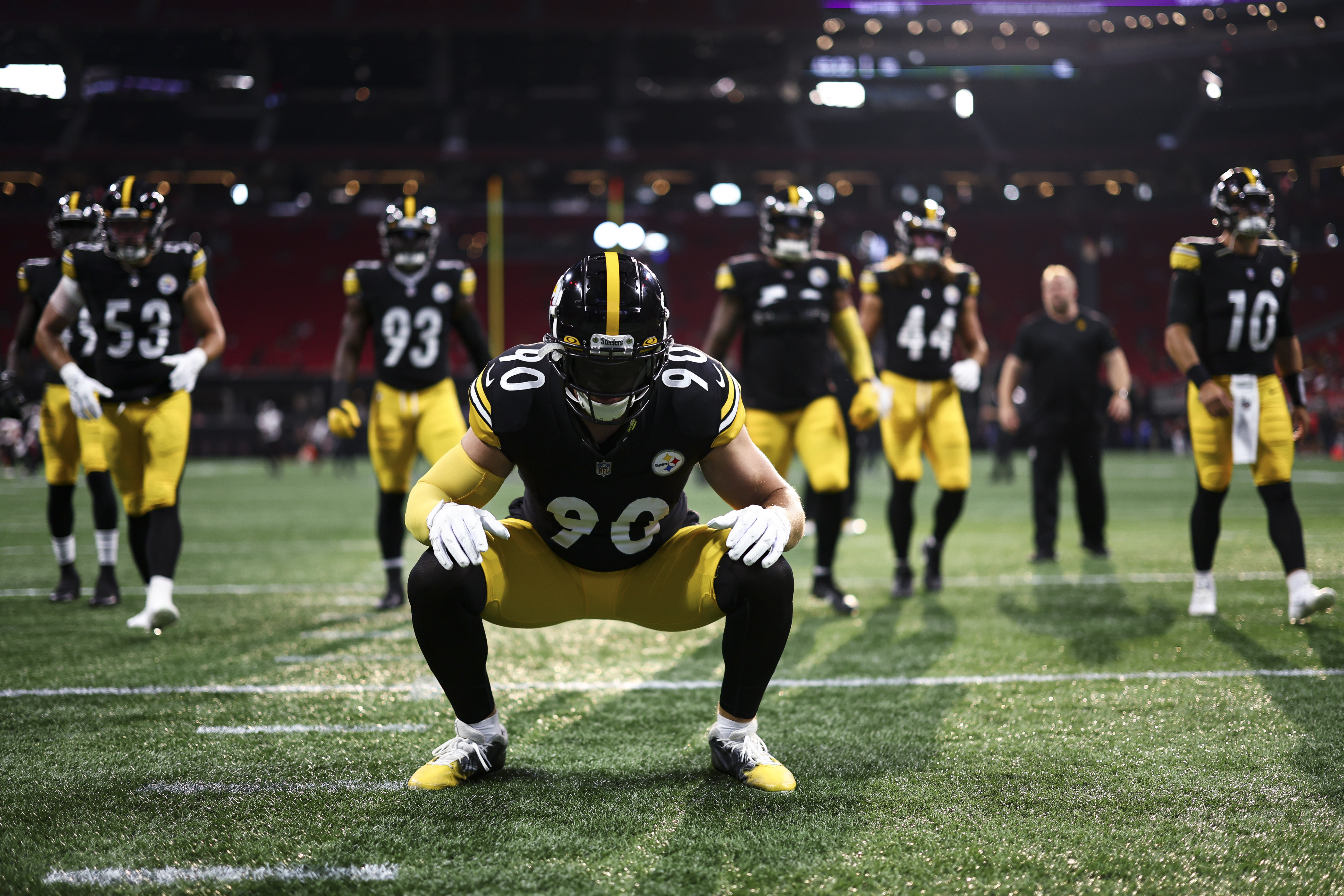 T.J. Watt #90 of the Pittsburgh Steelers warms up prior to an NFL preseason football game against the Atlanta Falcons at Mercedes-Benz Stadium on August 24, 2023 in Atlanta, Georgia.
