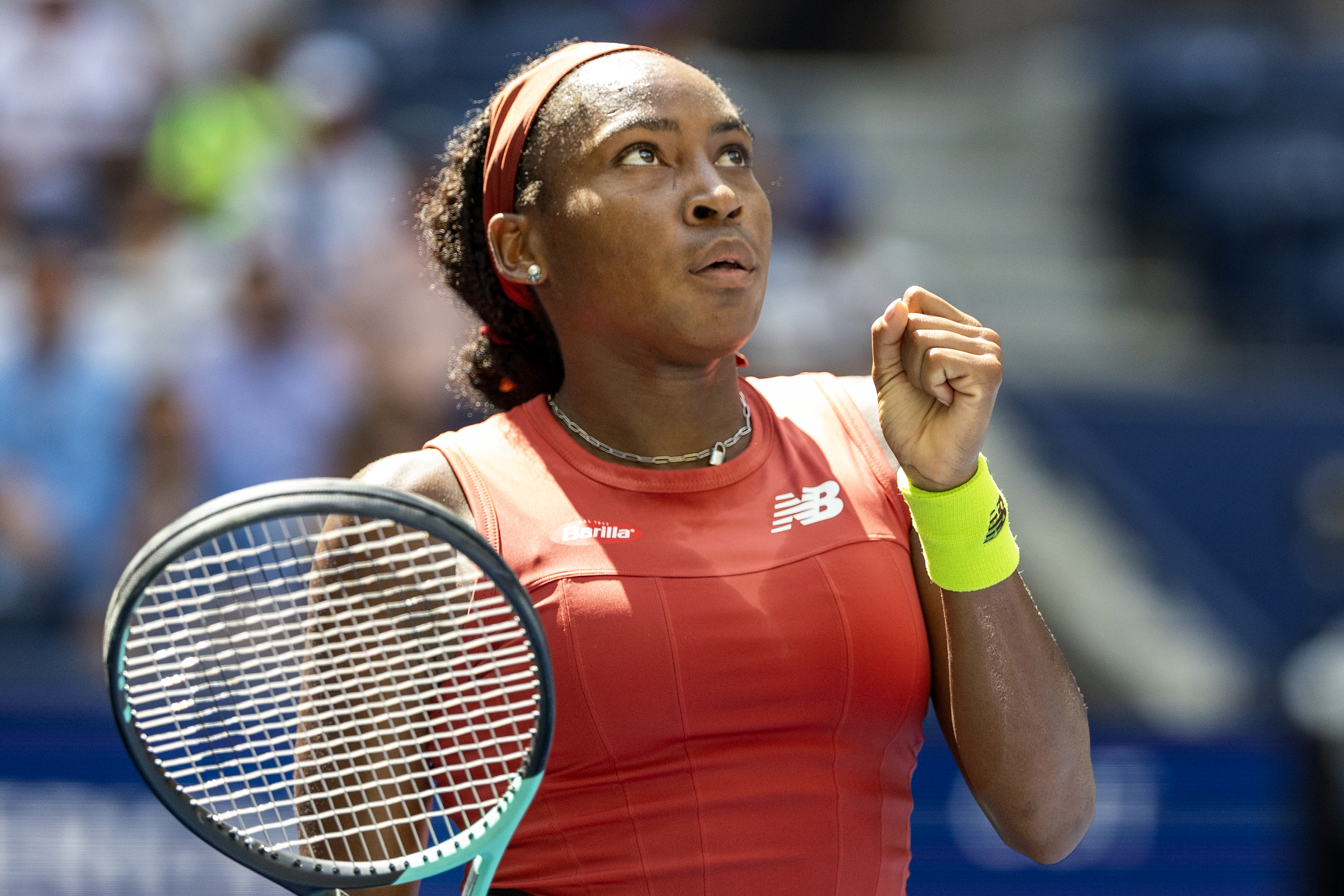 Coco Gauff of the United States during her match against Mirra Andreeva of Russia in the Women’s Singles round two match on Arthur Ashe Stadium during the US Open Tennis Championship 2023 at the USTA National Tennis Centre on August 30th, 2023 in Flushing, Queens, New York City.