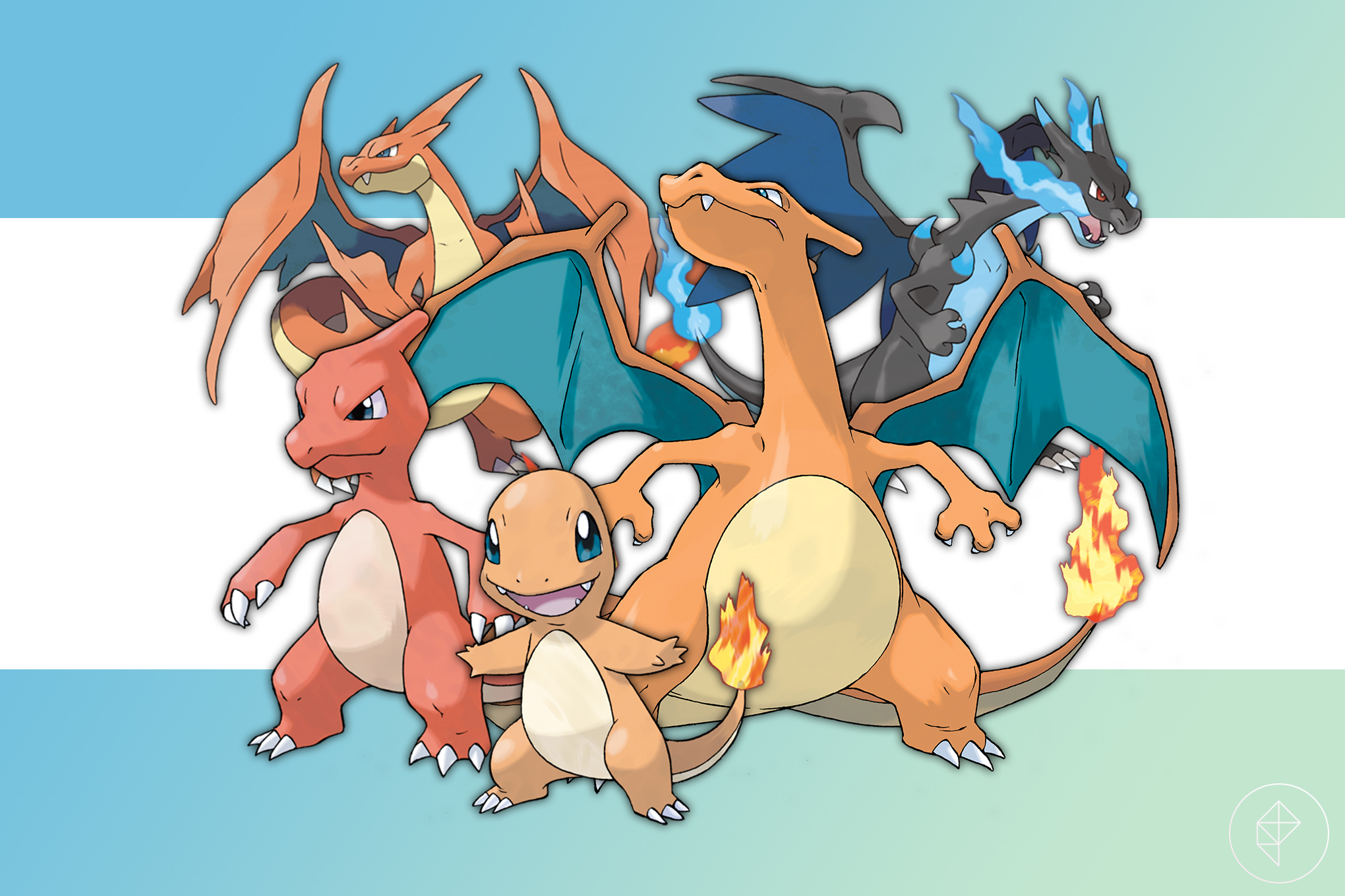 Charmander and all of its evolutions on a blue and green gradient background.