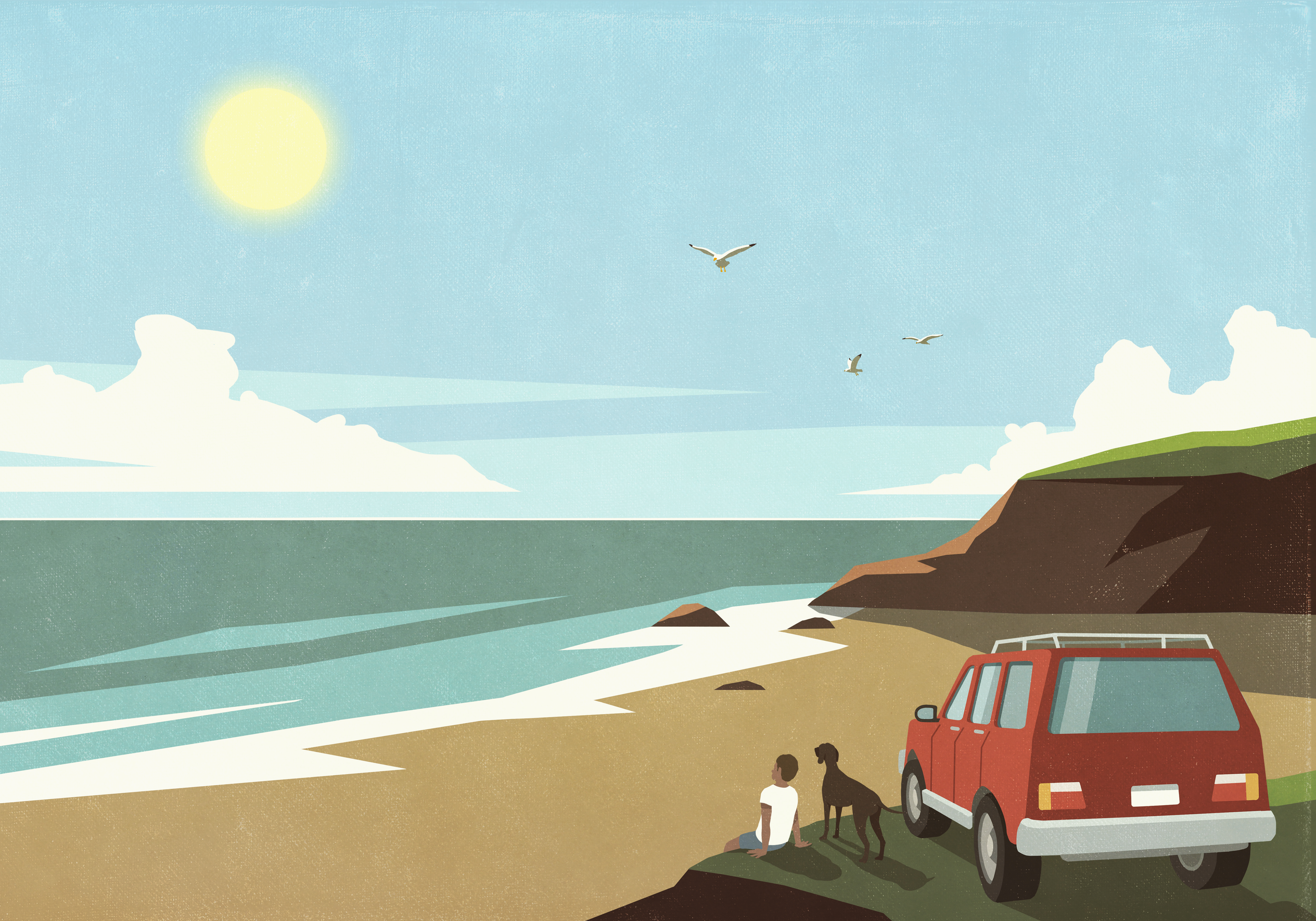 An illustration of a car parked on the edge of a cliff, as a man and a dog sit and look out at a beach in the distance.
