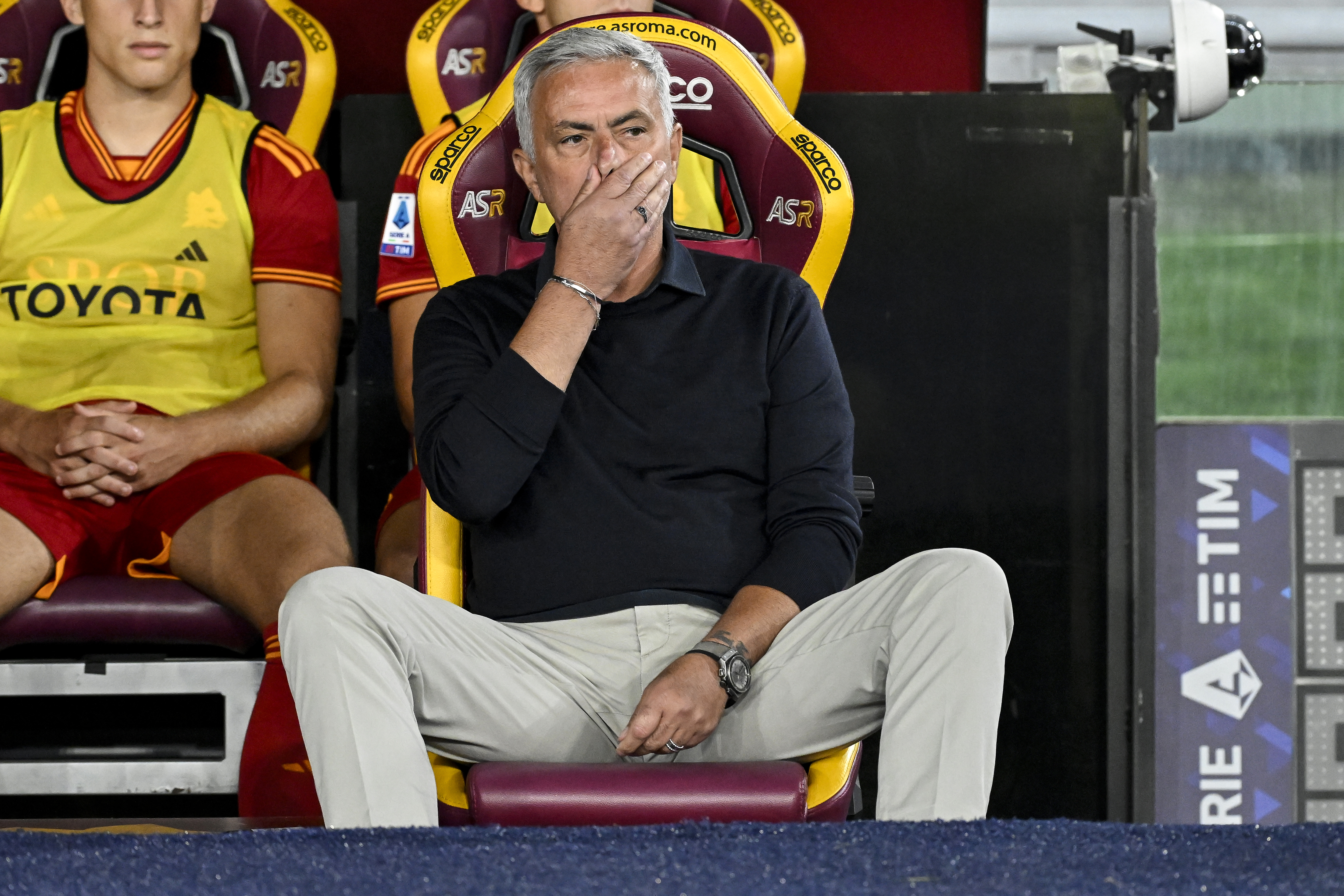Jose Mourinho coach of AS Roma reacts during the Serie A...