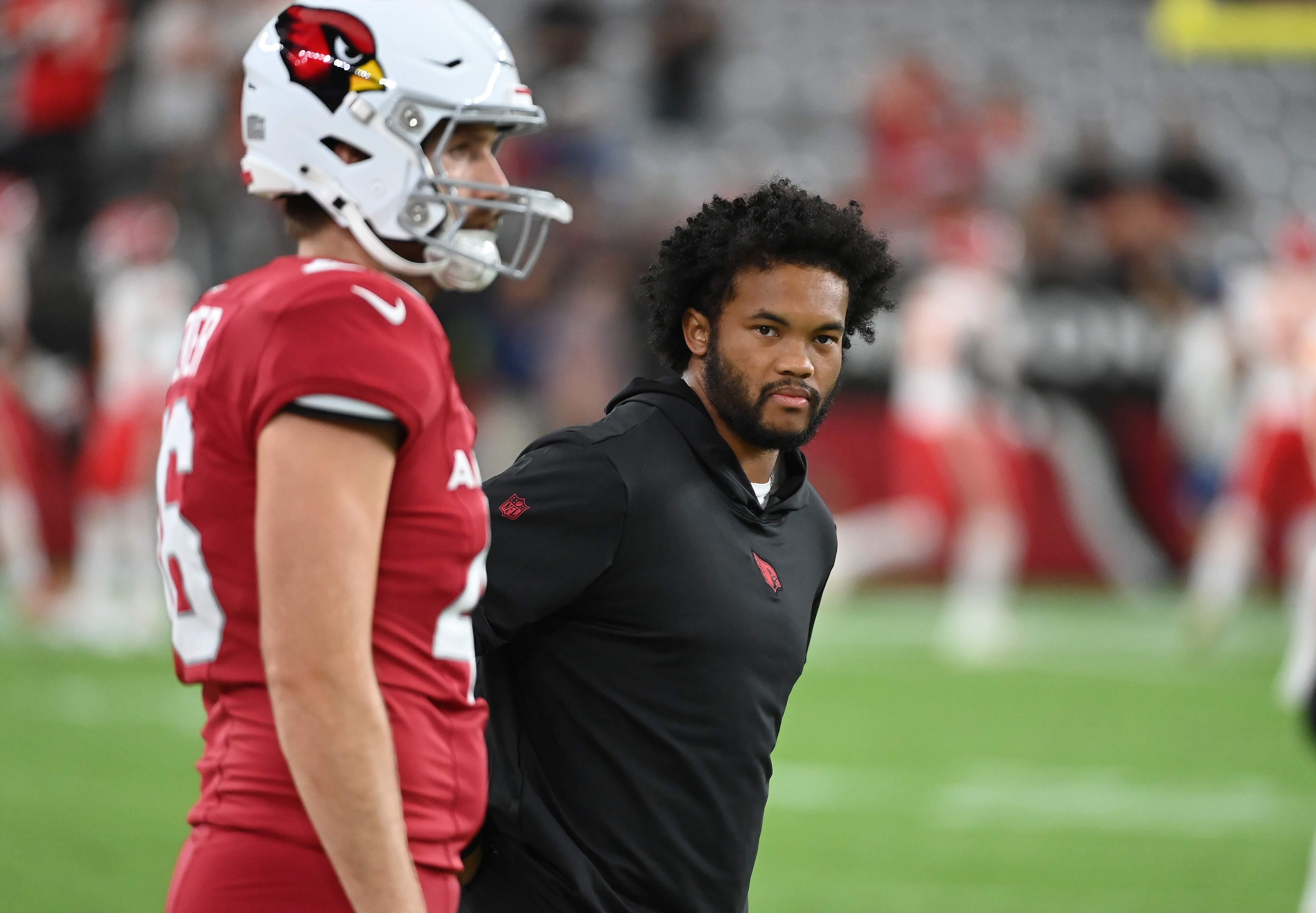 GLENDALE, ARIZONA - AUGUST 19: Kyler Murray #1 of the Arizona Cardinals stands on the field during warmups prior to a preseason game against the Kansas City Chiefs at State Farm Stadium on August 19, 2023 in Glendale, Arizona.