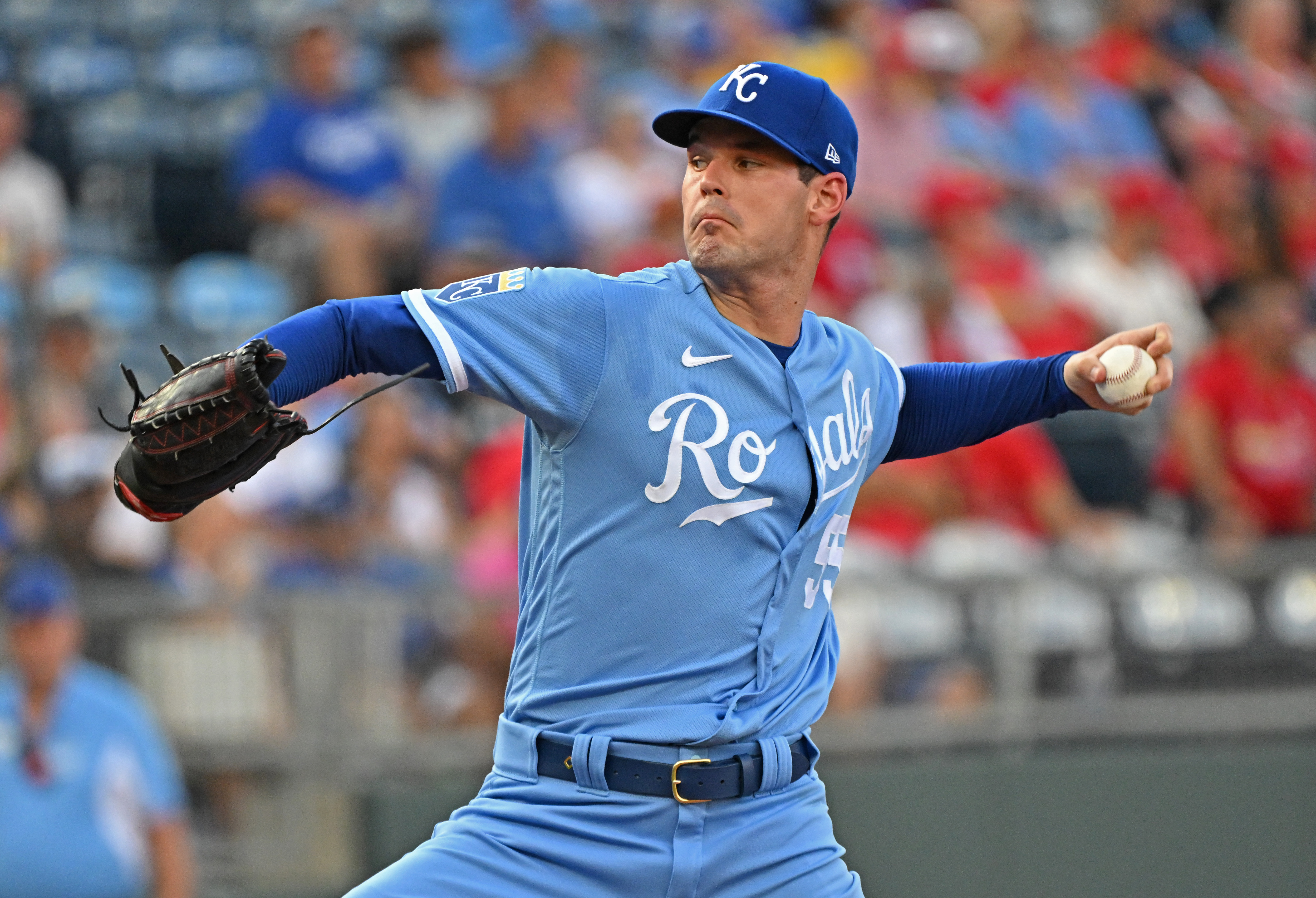 Kansas City, Missouri, USA; Kansas City Royals starting pitcher Cole Ragans (55) delivers a pitch in the first inning against the St. Louis Cardinals at Kauffman Stadium.
