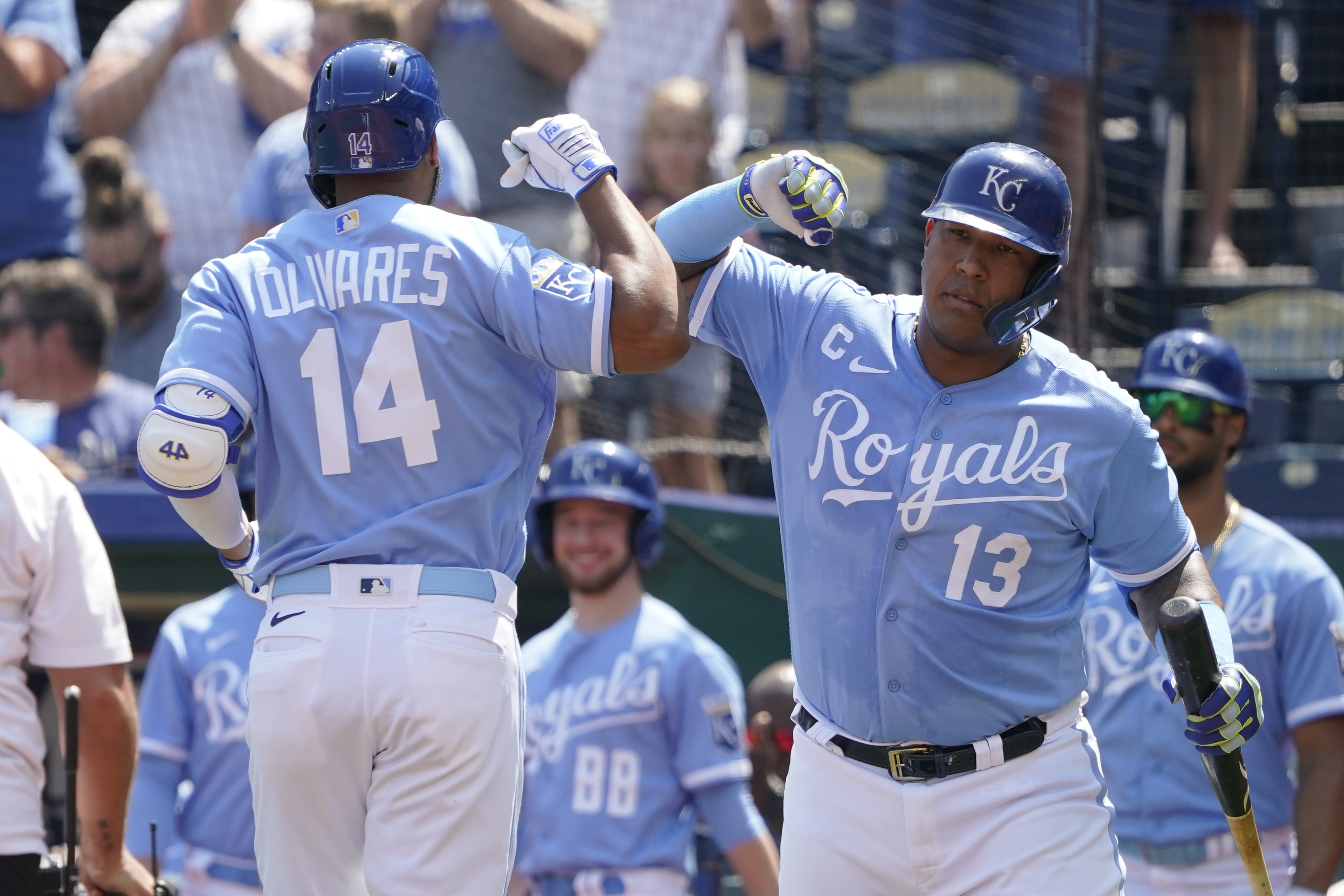 Edward Olivares #14 of the Kansas City Royals celebrates his home run with Salvador Perez #13 in the first inning against the Chicago White Sox at Kauffman Stadium on September 04, 2023 in Kansas City, Missouri.