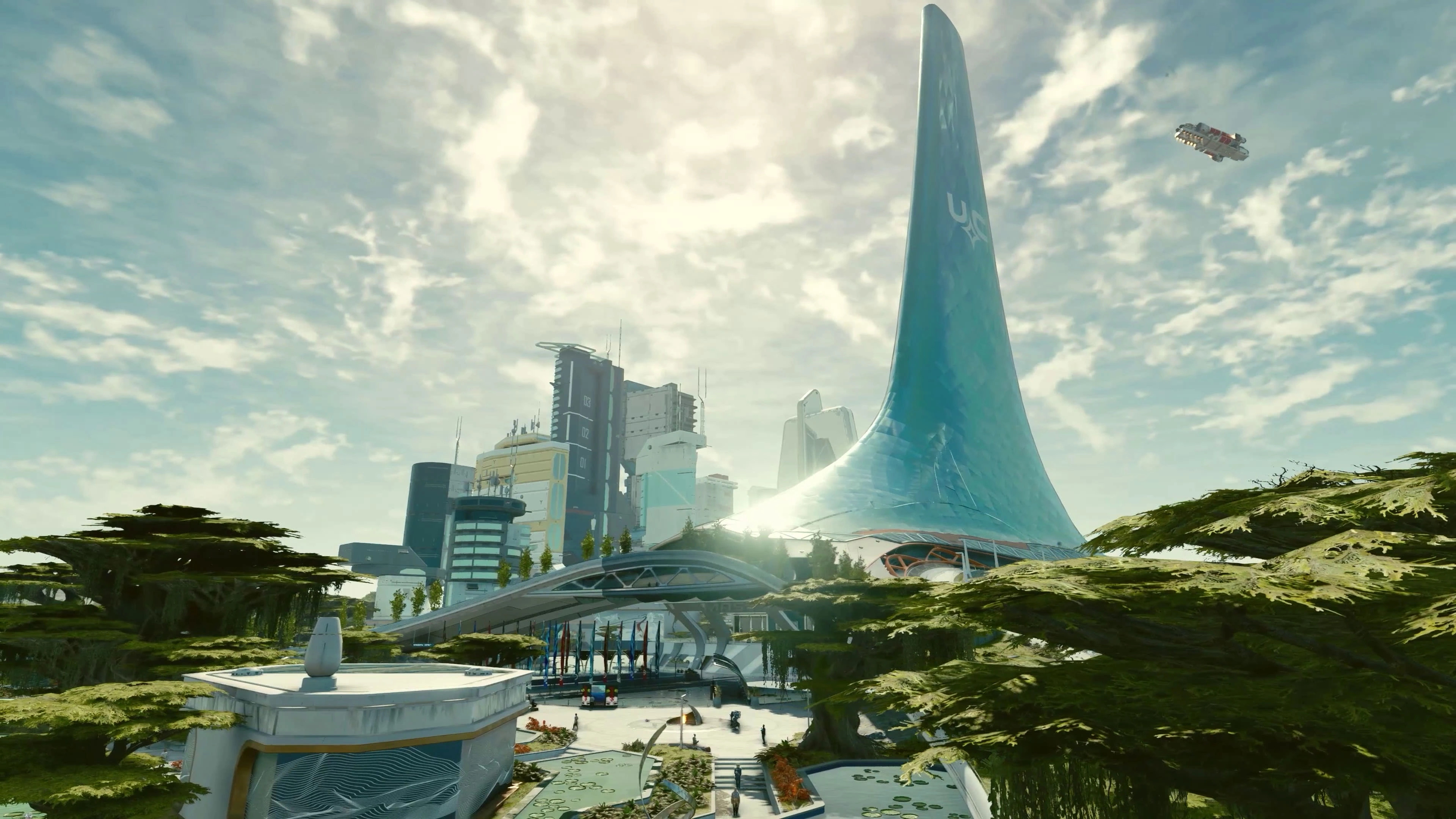 A promotional screenshot of New Atlantis in Starfield.
