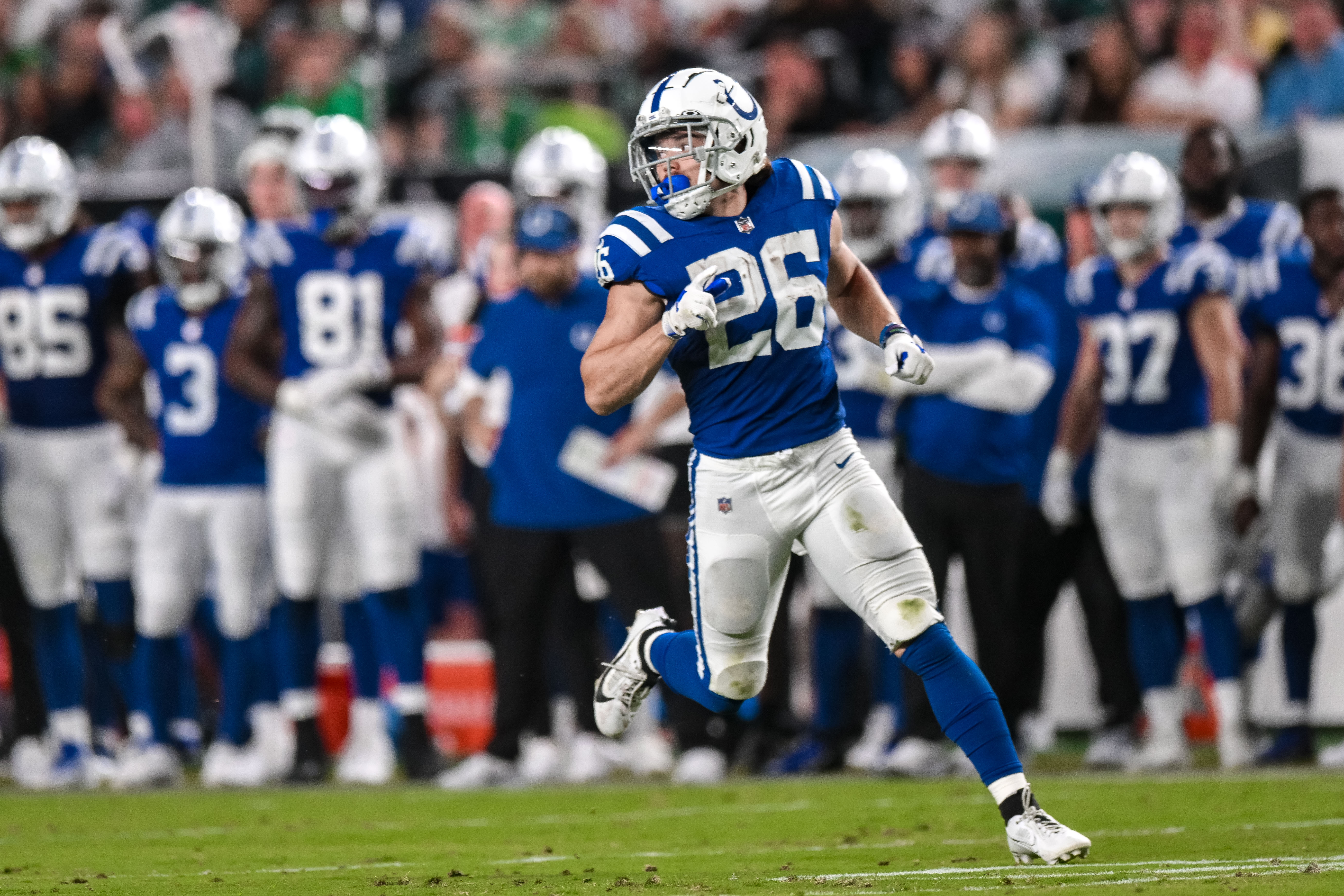Indianapolis Colts running back Evan Hull (26) in action during the preseason NFL game between the Philadelphia Eagles and Indianapolis Colts on August 24, 2023 at Lincoln Financial Field in Philadelphia, PA.