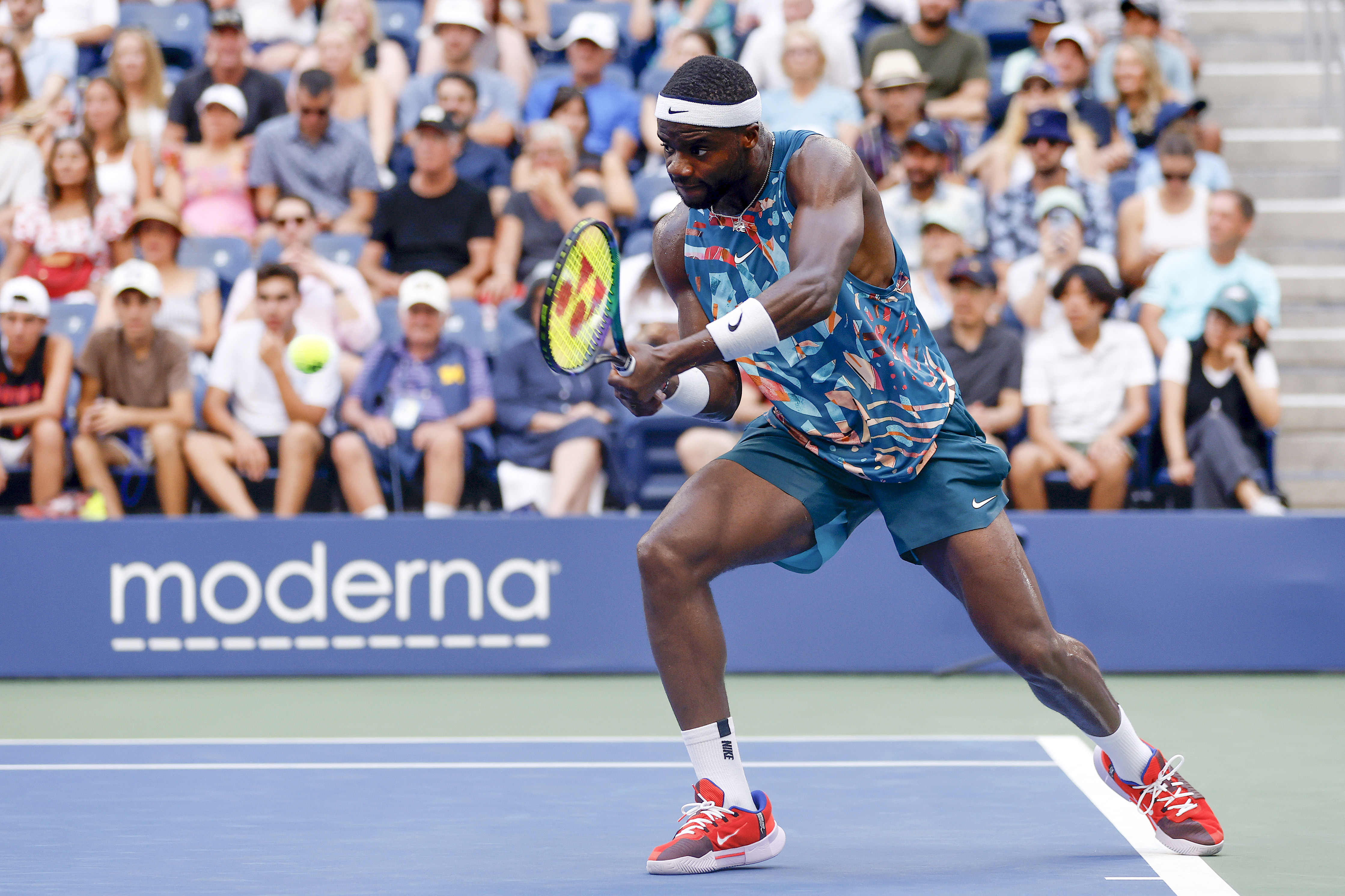 Frances Tiafoe of the United States returns a shot against Rinky Hijikata of Australia during their Men’s Singles Fourth Round match on Day Seven of the 2023 US Open at the USTA Billie Jean King National Tennis Center on September 03, 2023 in the Flushing neighborhood of the Queens borough of New York City.
