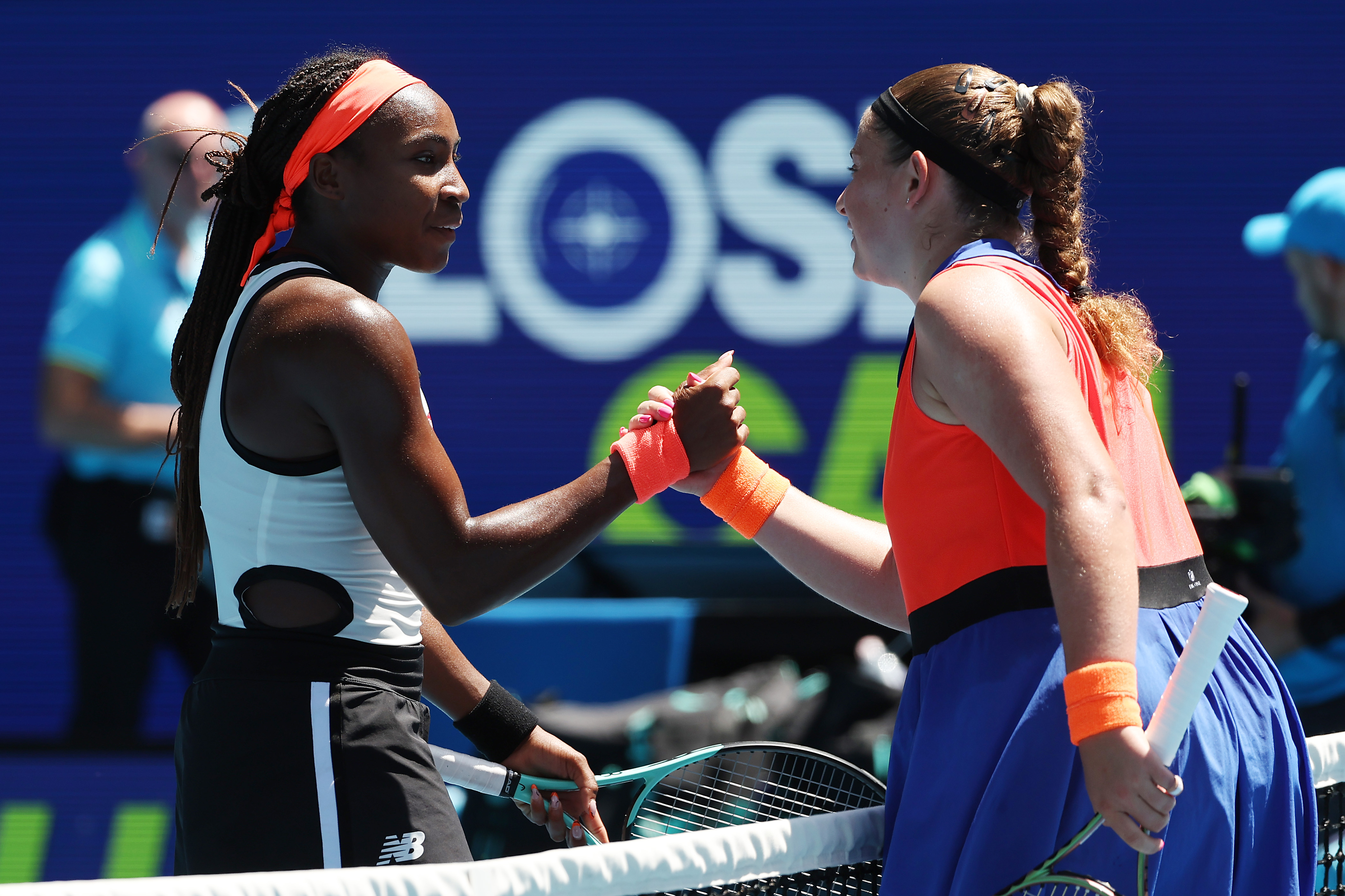 Jelena Ostapenko (R) of Latvia shakes hands with Coco Gauff of the United States after winning the fourth round singles match during day seven of the 2023 Australian Open at Melbourne Park on January 22, 2023 in Melbourne, Australia.