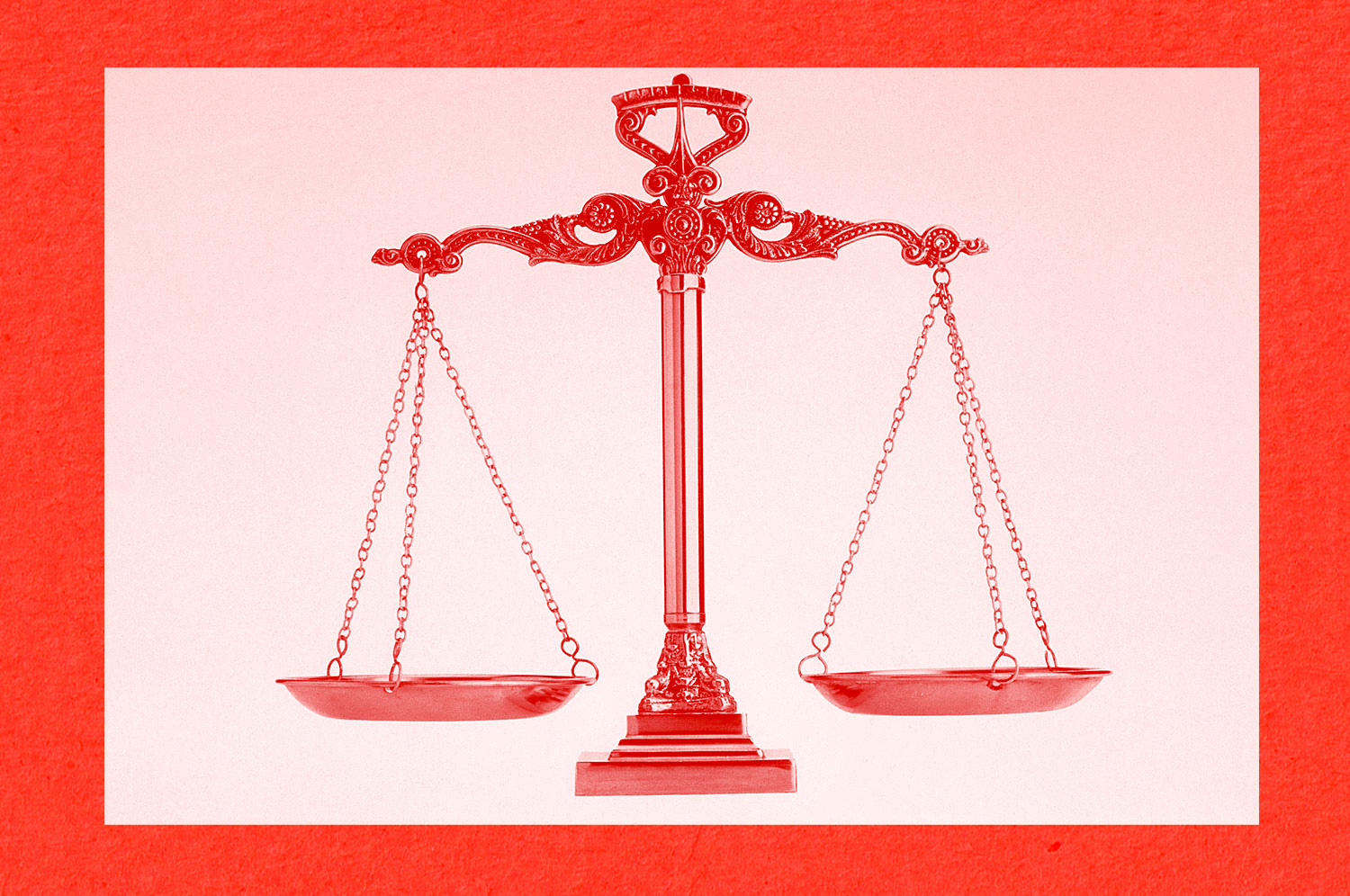 The scales of justice are evenly balanced in a red-tinged image.