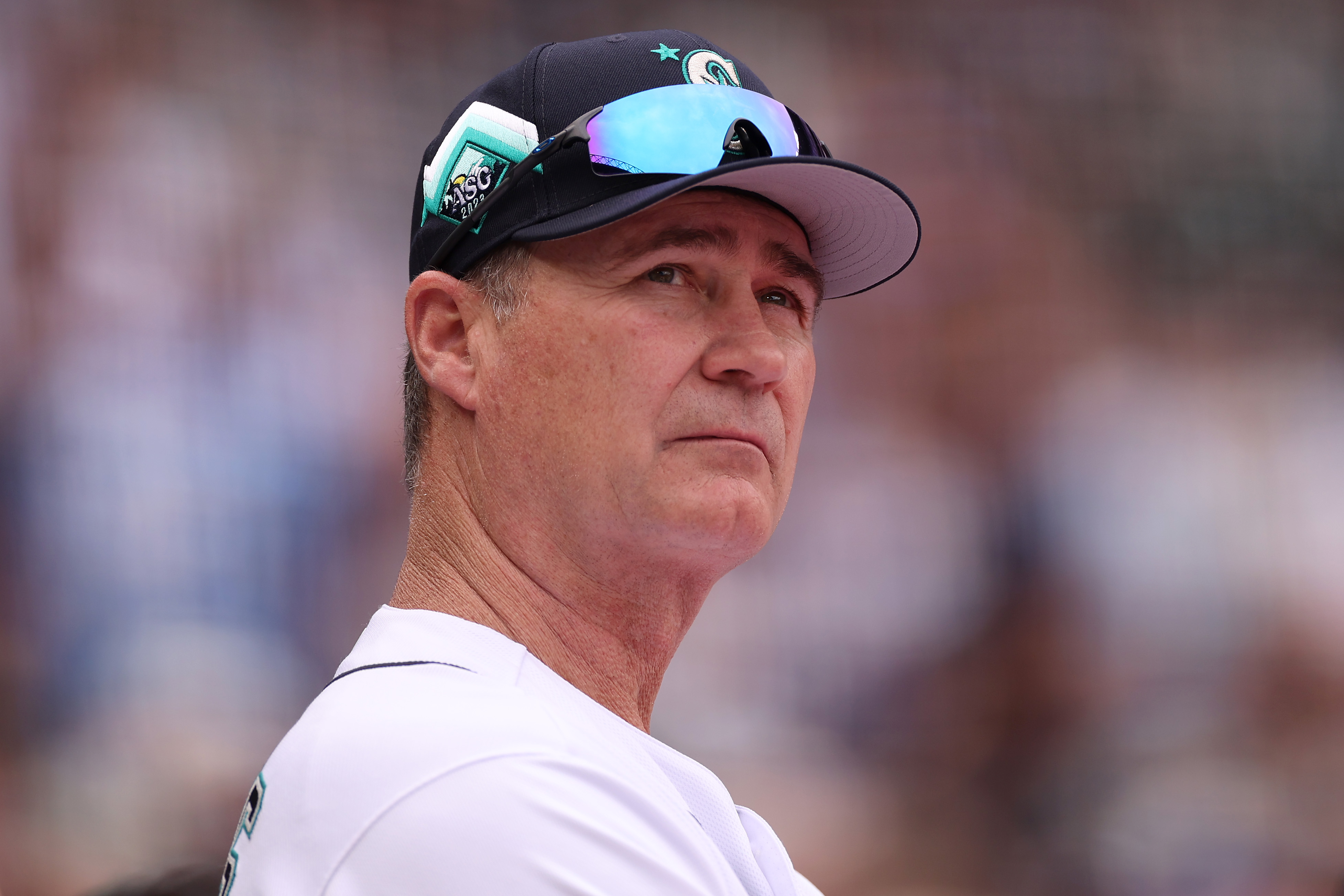 Honorary Coach Scott Servais #9 of the Seattle Mariners looks on during the T-Mobile Home Run Derby at T-Mobile Park&nbsp;
